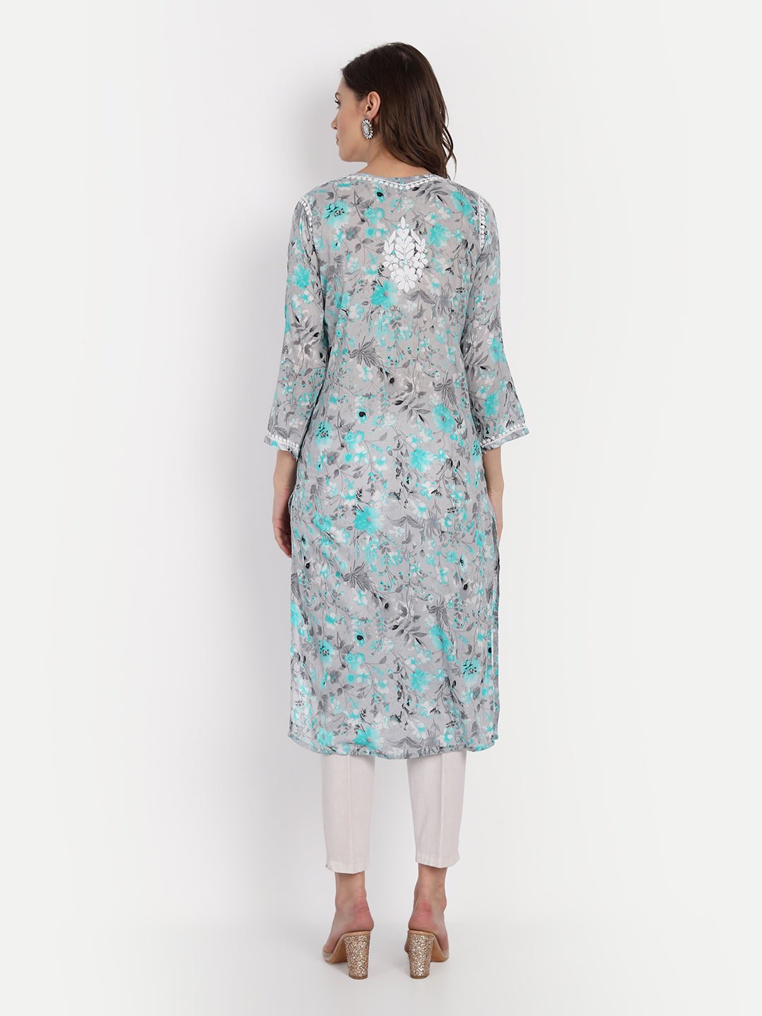 Lucknow Chikankari Hand Embroidered Long Kurta Mulmul - Indiankala4u