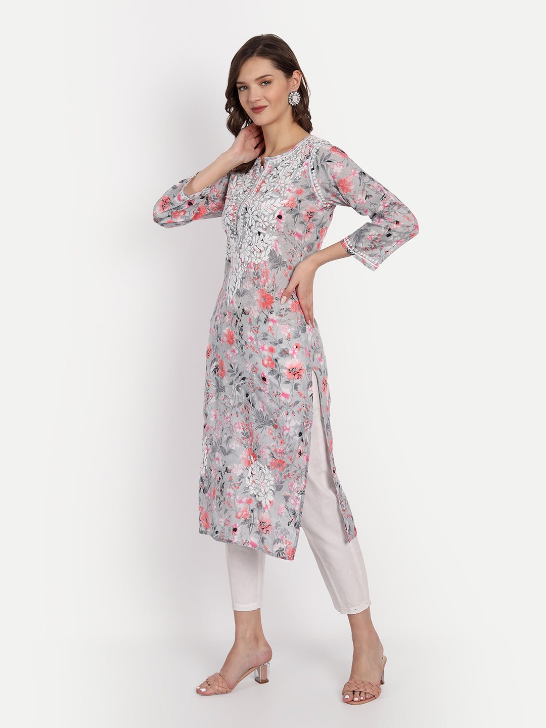 Lucknow Chikankari Hand Embroidered Long Kurta Mulmul - Indiankala4u
