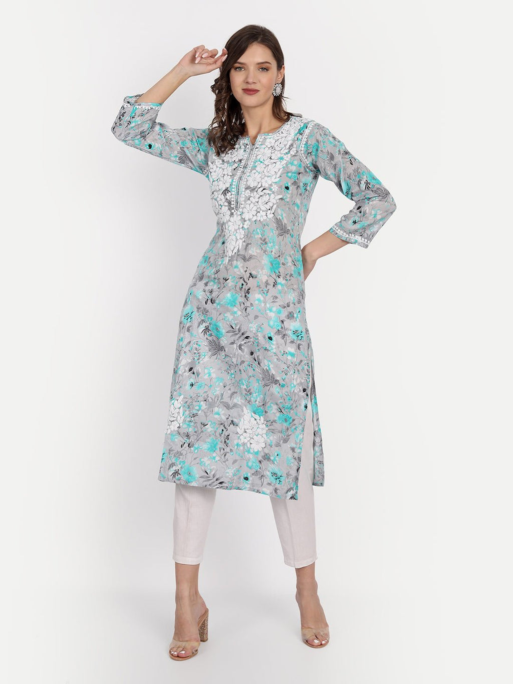 Lucknow Chikankari Hand Embroidered Long Kurta Mulmul - Indiankala4u