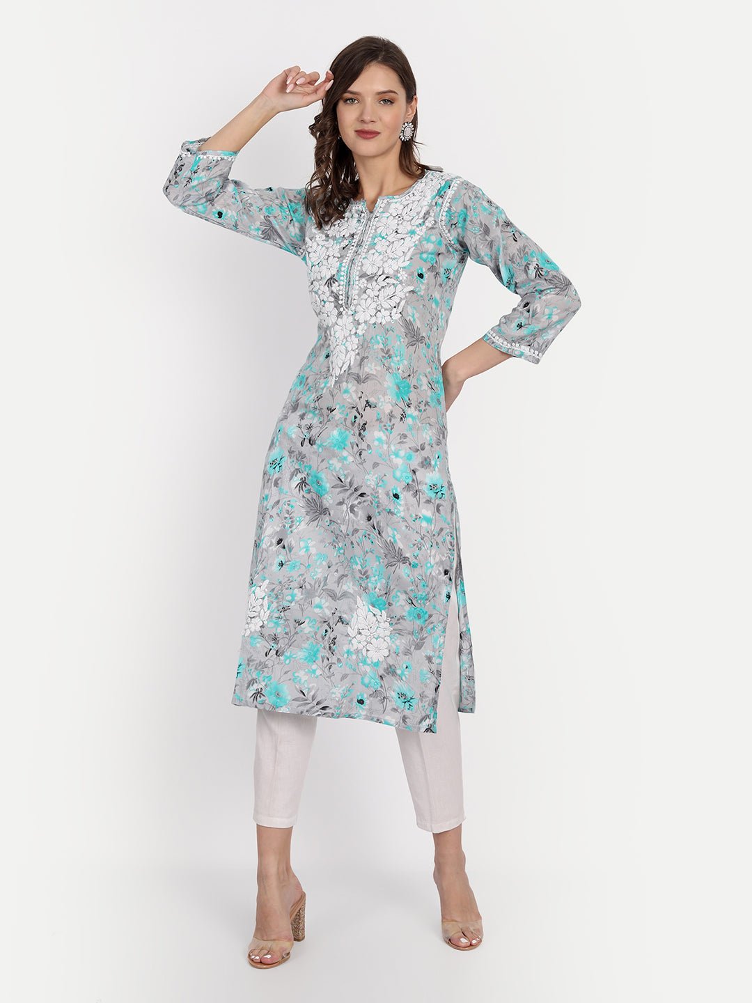 Lucknow Chikankari Hand Embroidered Long Kurta Mulmul - Indiankala4u