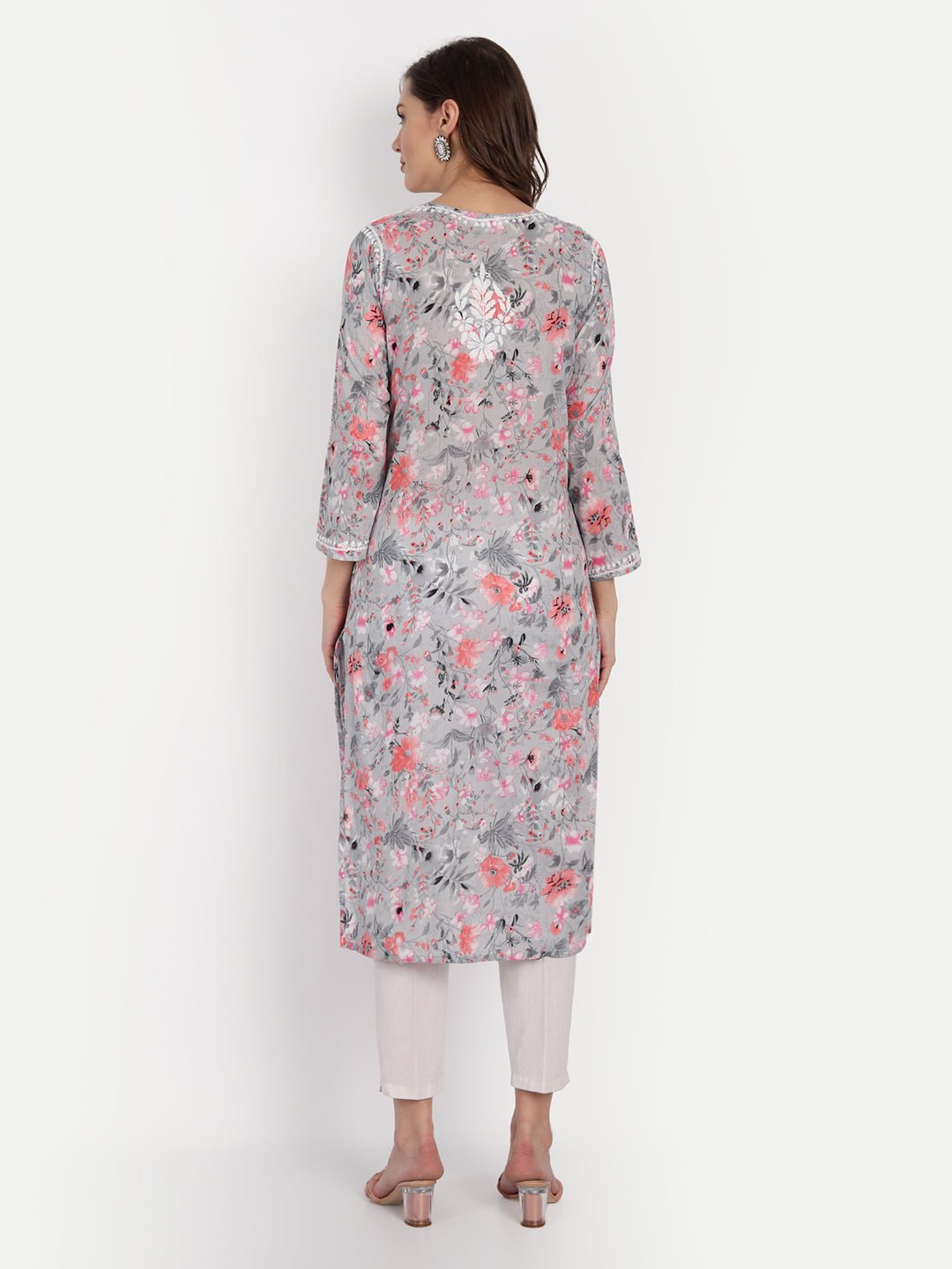 Lucknow Chikankari Hand Embroidered Long Kurta Mulmul - Indiankala4u