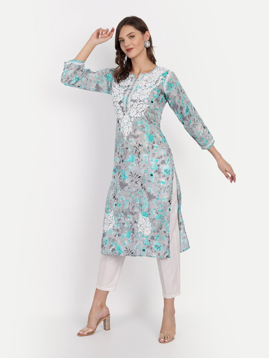 Lucknow Chikankari Hand Embroidered Long Kurta Mulmul - Indiankala4u