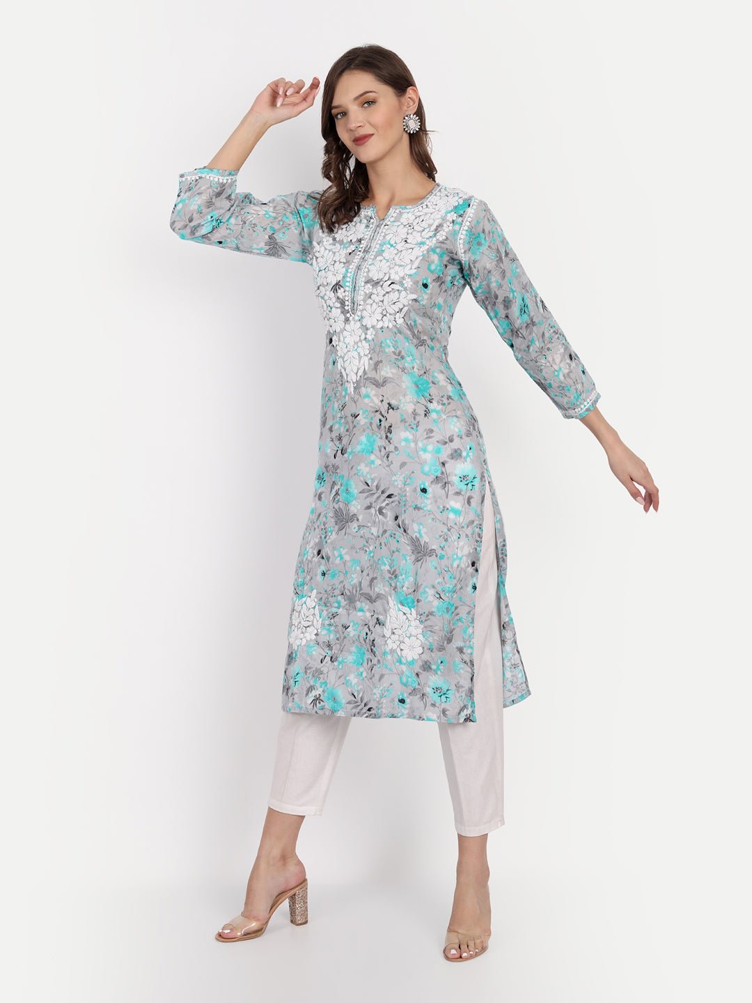 Lucknow Chikankari Hand Embroidered Long Kurta Mulmul - Indiankala4u