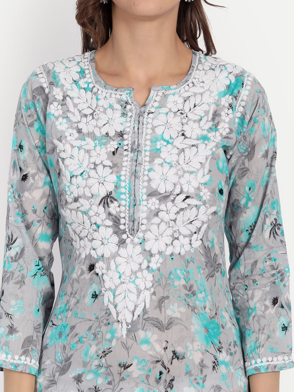 Lucknow Chikankari Hand Embroidered Long Kurta Mulmul - Indiankala4u