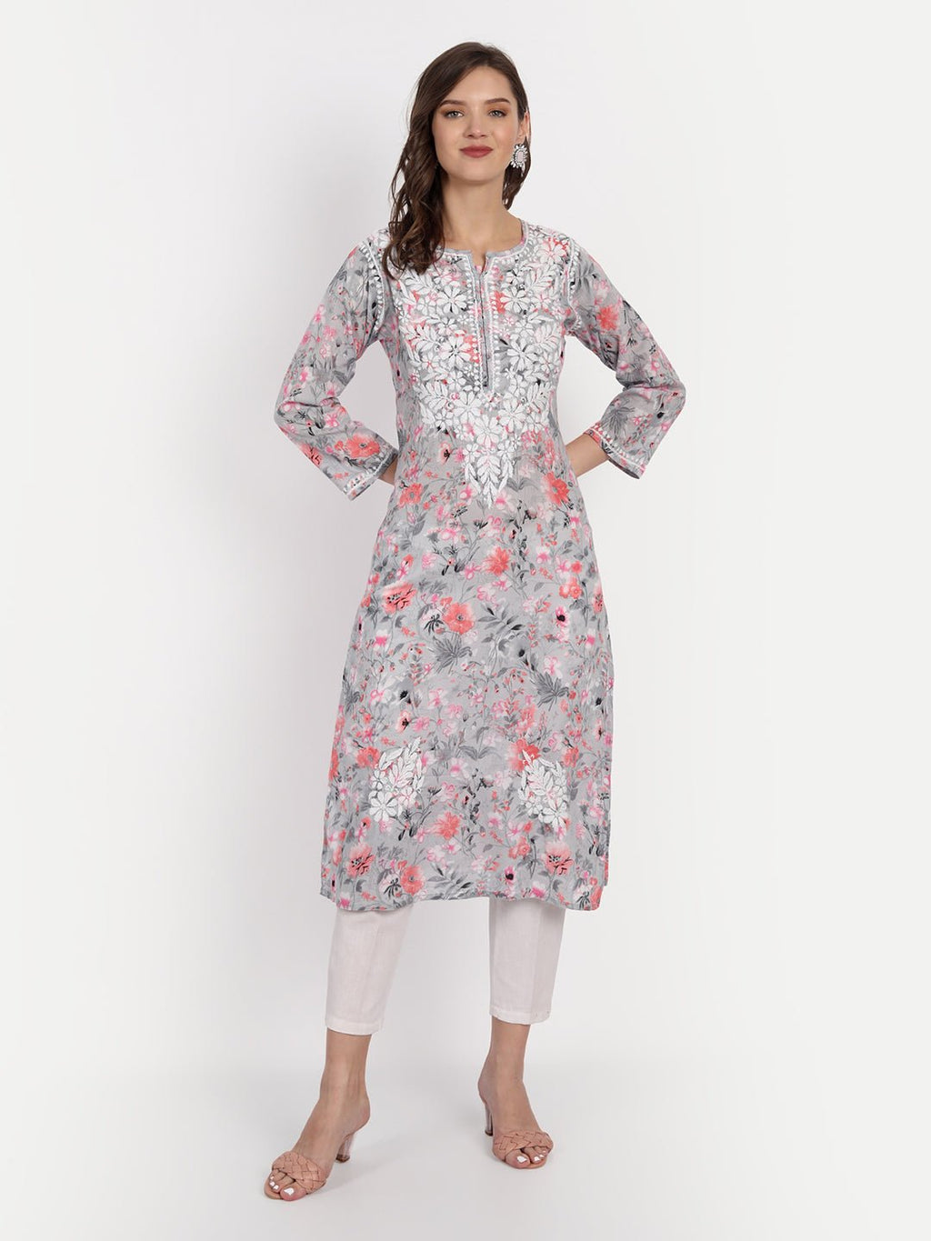 Lucknow Chikankari Hand Embroidered Long Kurta Mulmul - Indiankala4u