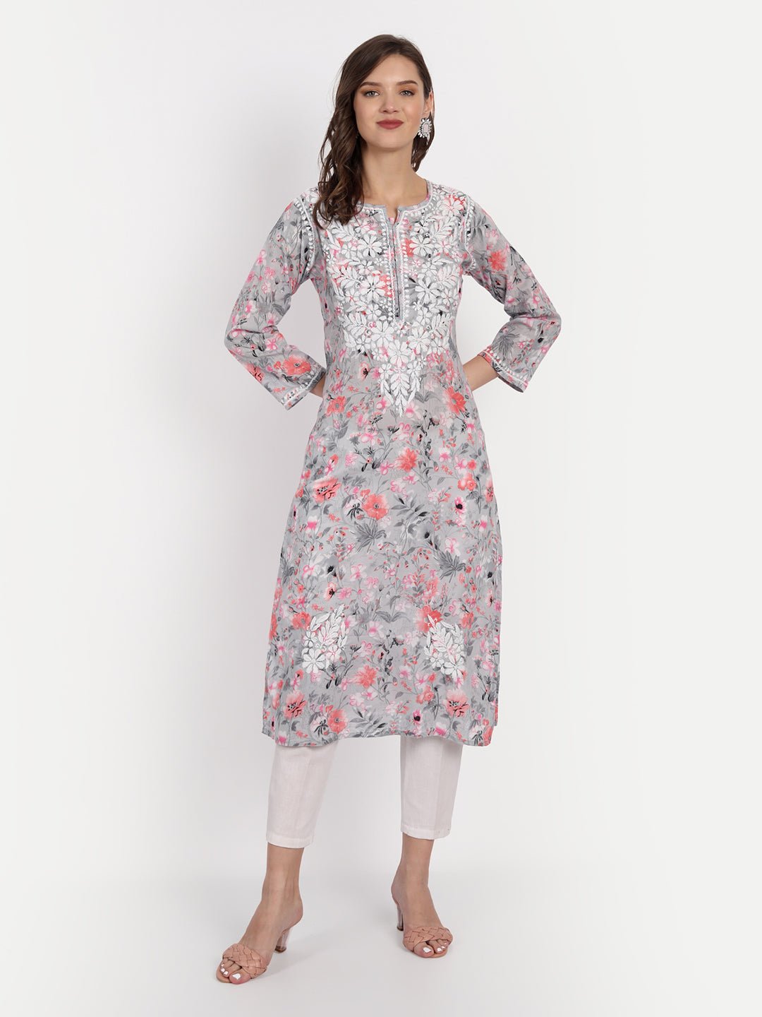 Lucknow Chikankari Hand Embroidered Long Kurta Mulmul - Indiankala4u