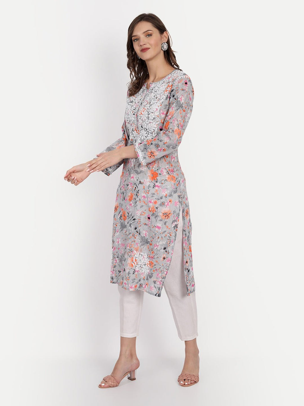 Lucknow Chikankari Hand Embroidered Long Kurta Mulmul - Indiankala4u