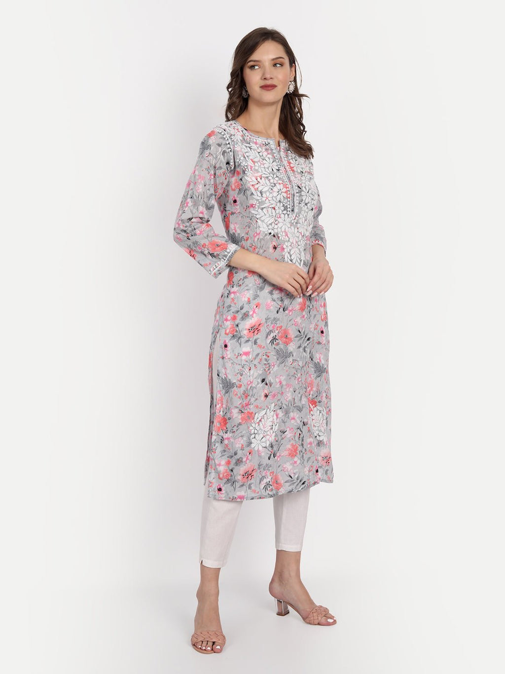 Lucknow Chikankari Hand Embroidered Long Kurta Mulmul - Indiankala4u