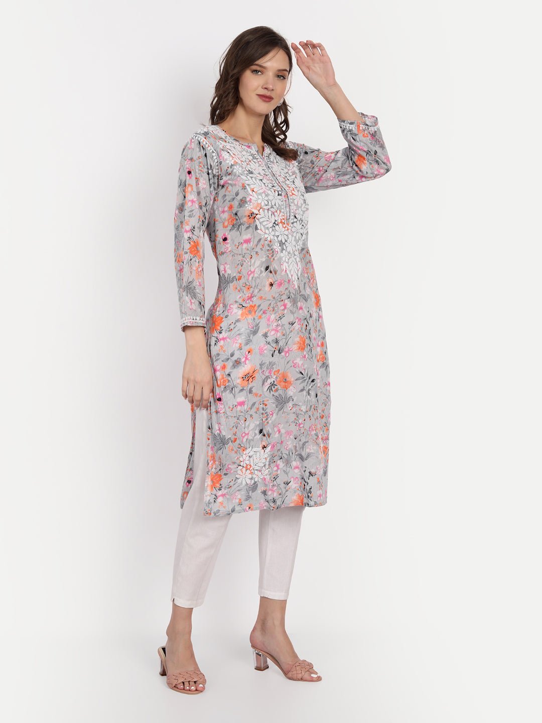Lucknow Chikankari Hand Embroidered Long Kurta Mulmul - Indiankala4u