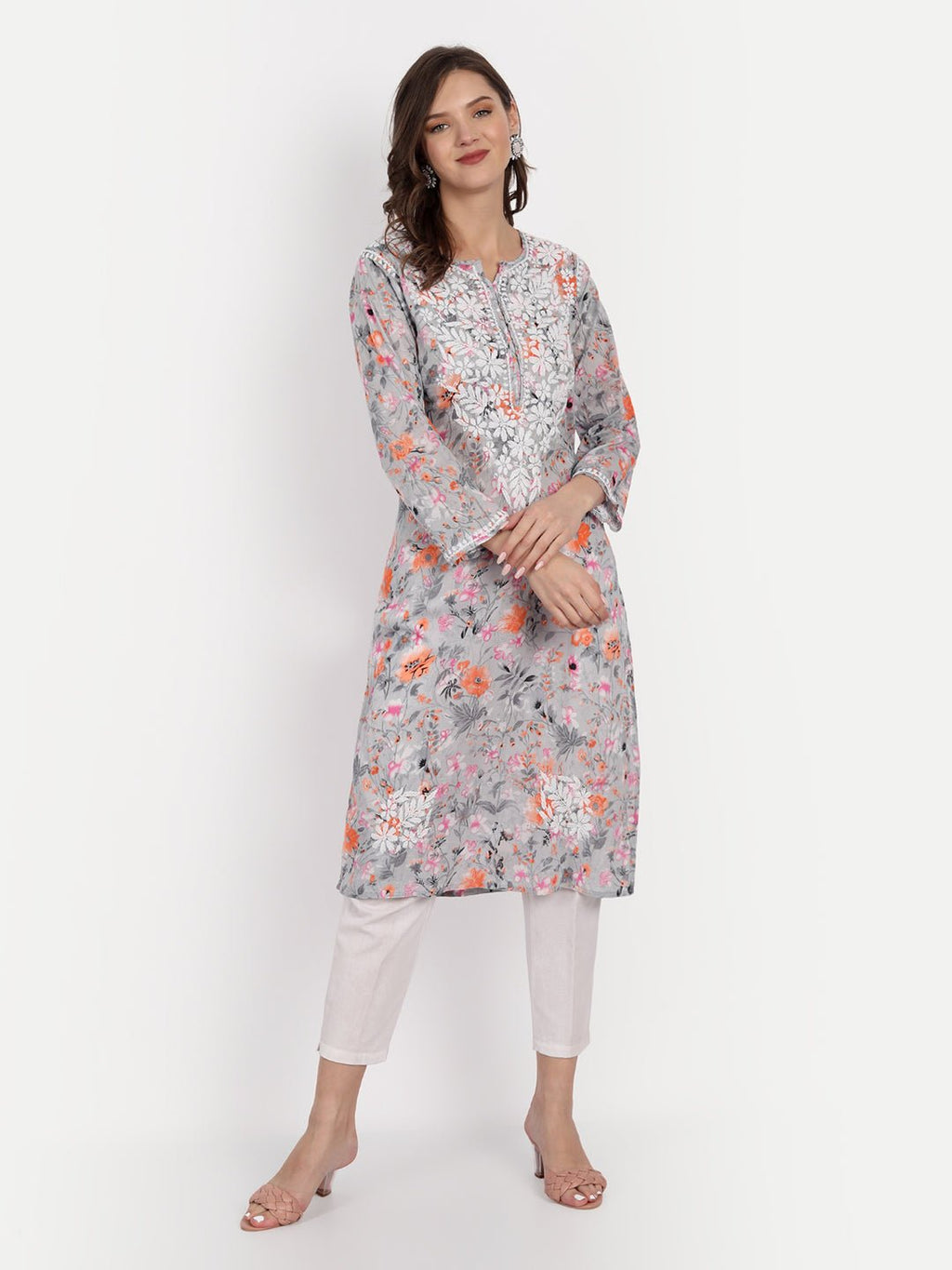 Lucknow Chikankari Hand Embroidered Long Kurta Mulmul - Indiankala4u