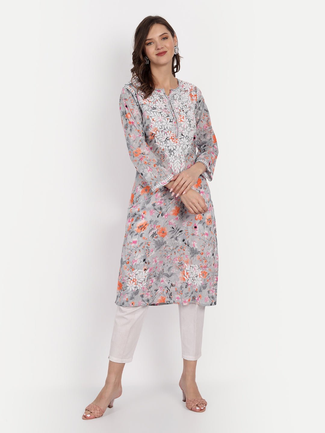 Lucknow Chikankari Hand Embroidered Long Kurta Mulmul - Indiankala4u