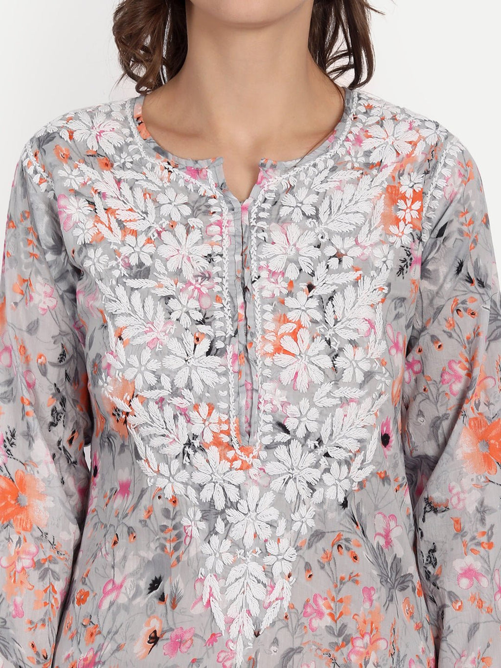 Lucknow Chikankari Hand Embroidered Long Kurta Mulmul - Indiankala4u