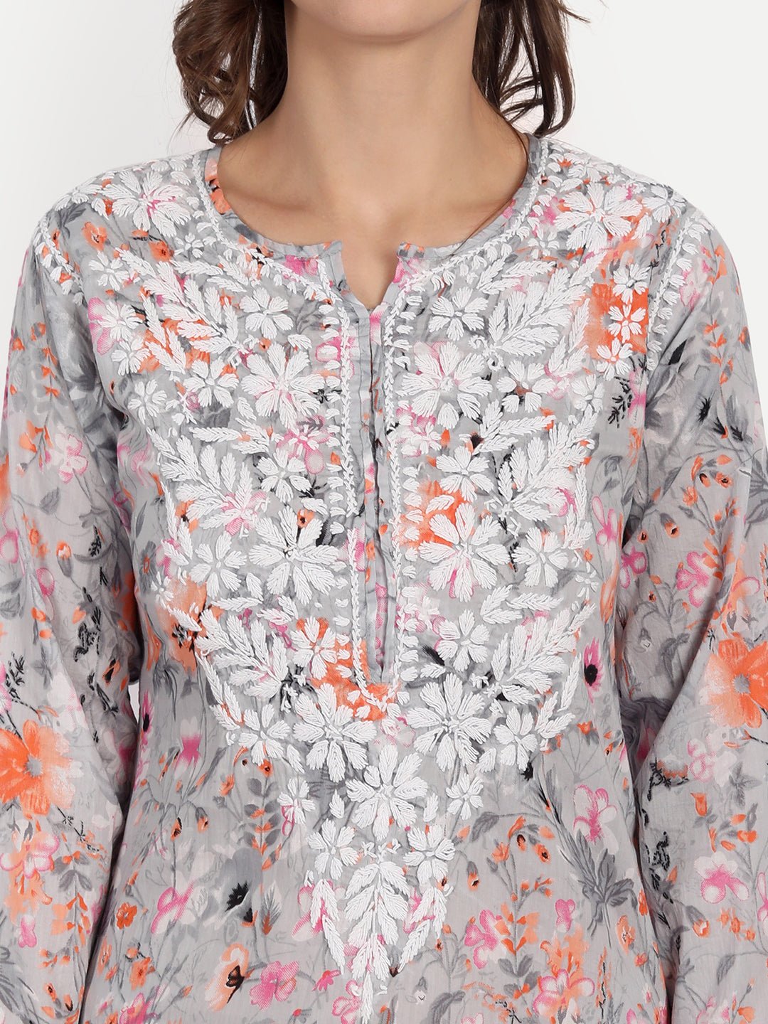 Lucknow Chikankari Hand Embroidered Long Kurta Mulmul - Indiankala4u