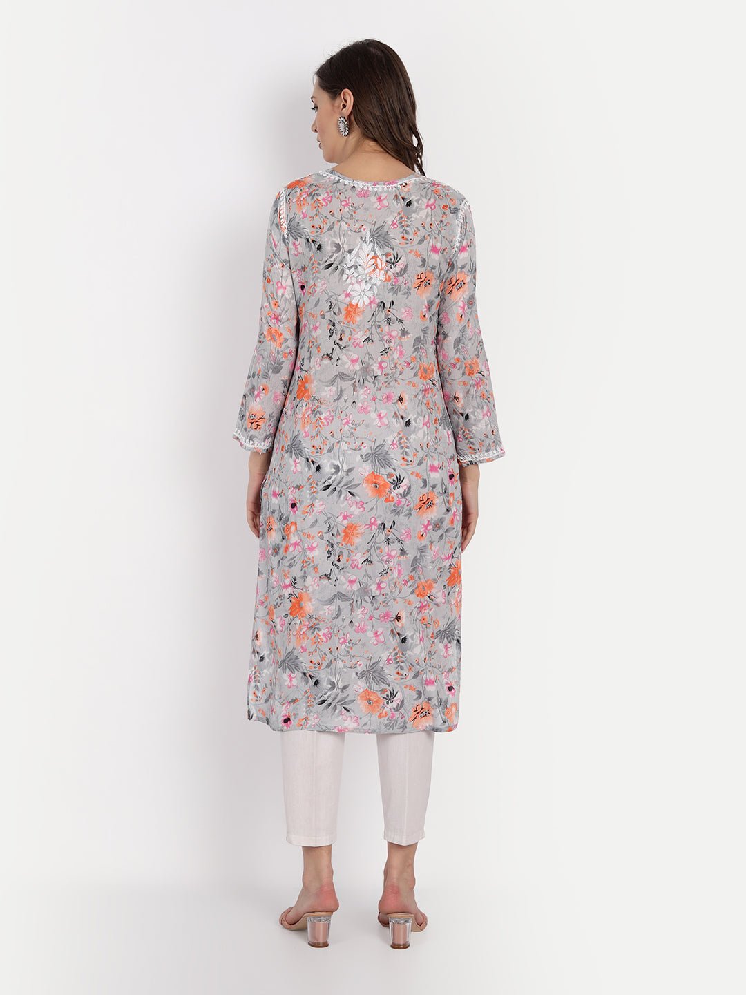 Lucknow Chikankari Hand Embroidered Long Kurta Mulmul - Indiankala4u