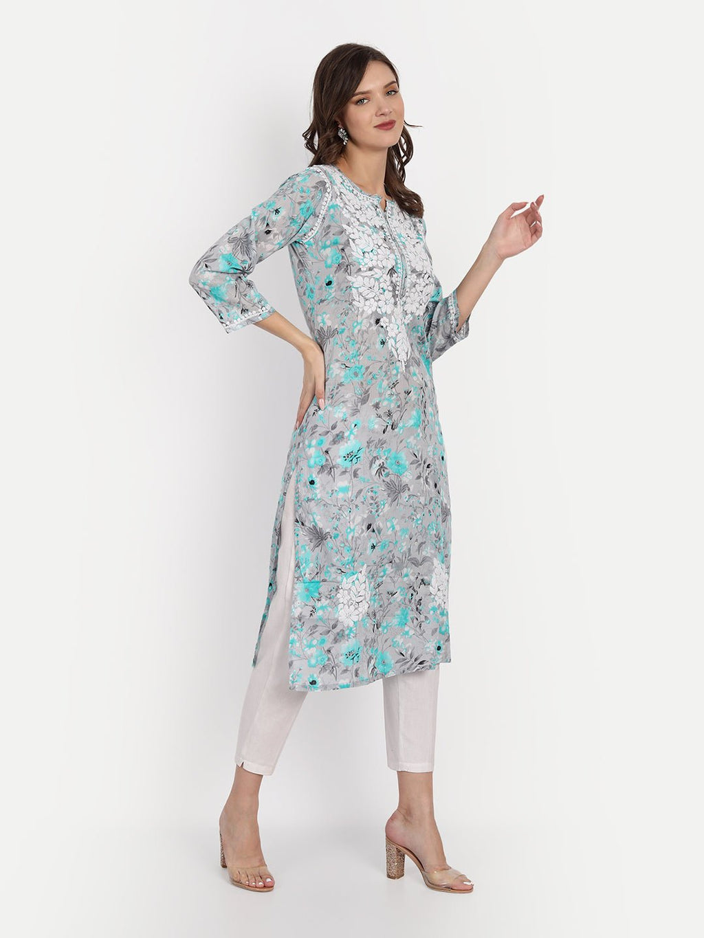 Lucknow Chikankari Hand Embroidered Long Kurta Mulmul - Indiankala4u