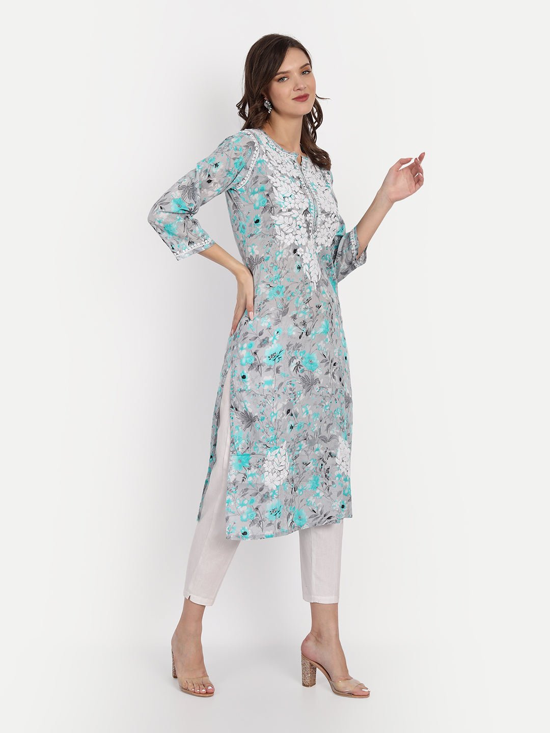 Lucknow Chikankari Hand Embroidered Long Kurta Mulmul - Indiankala4u