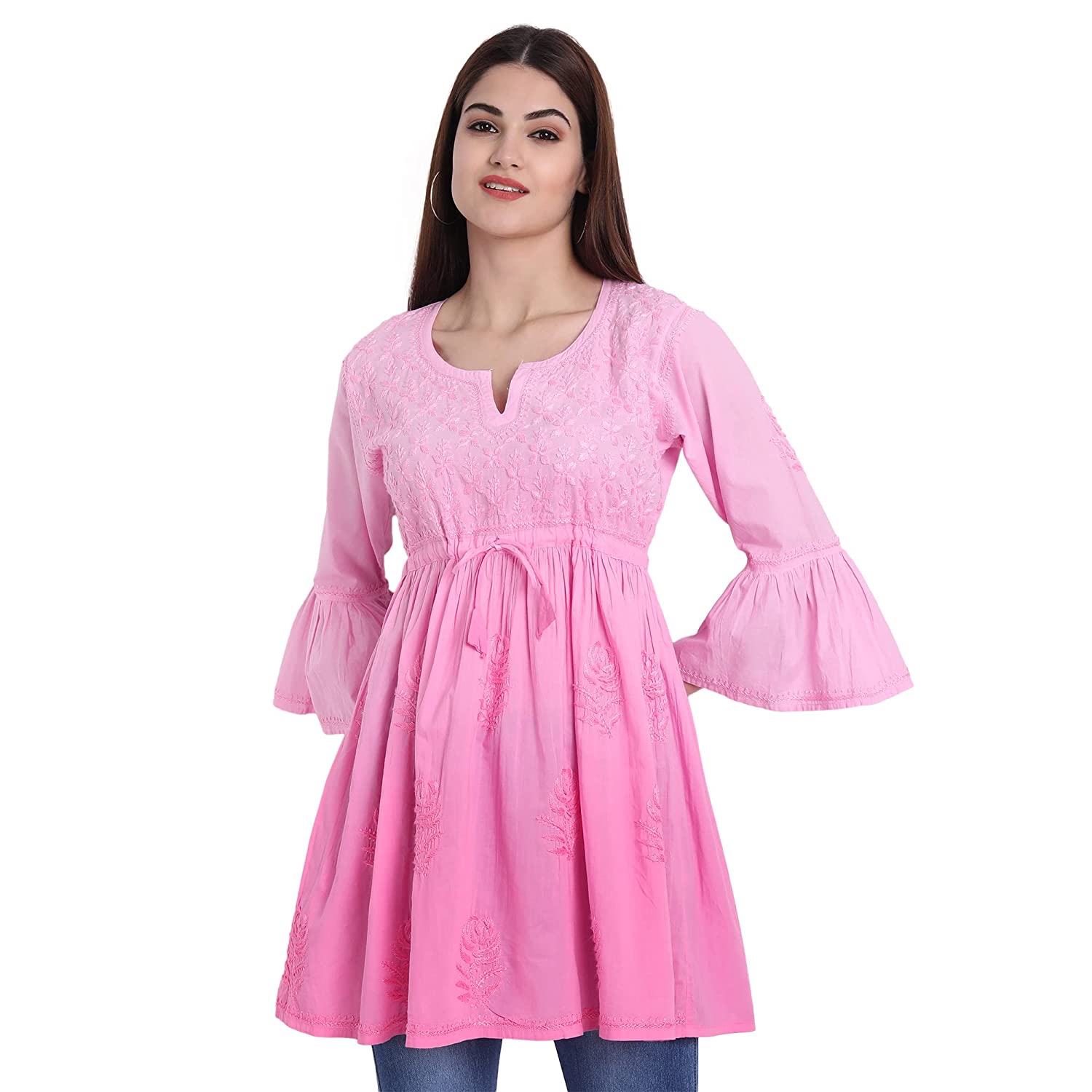 Lucknow Chikankari Hand Embroidered Peplum Fit and Flared Top Shaded Short Kurta Cotton - Indiankala4u