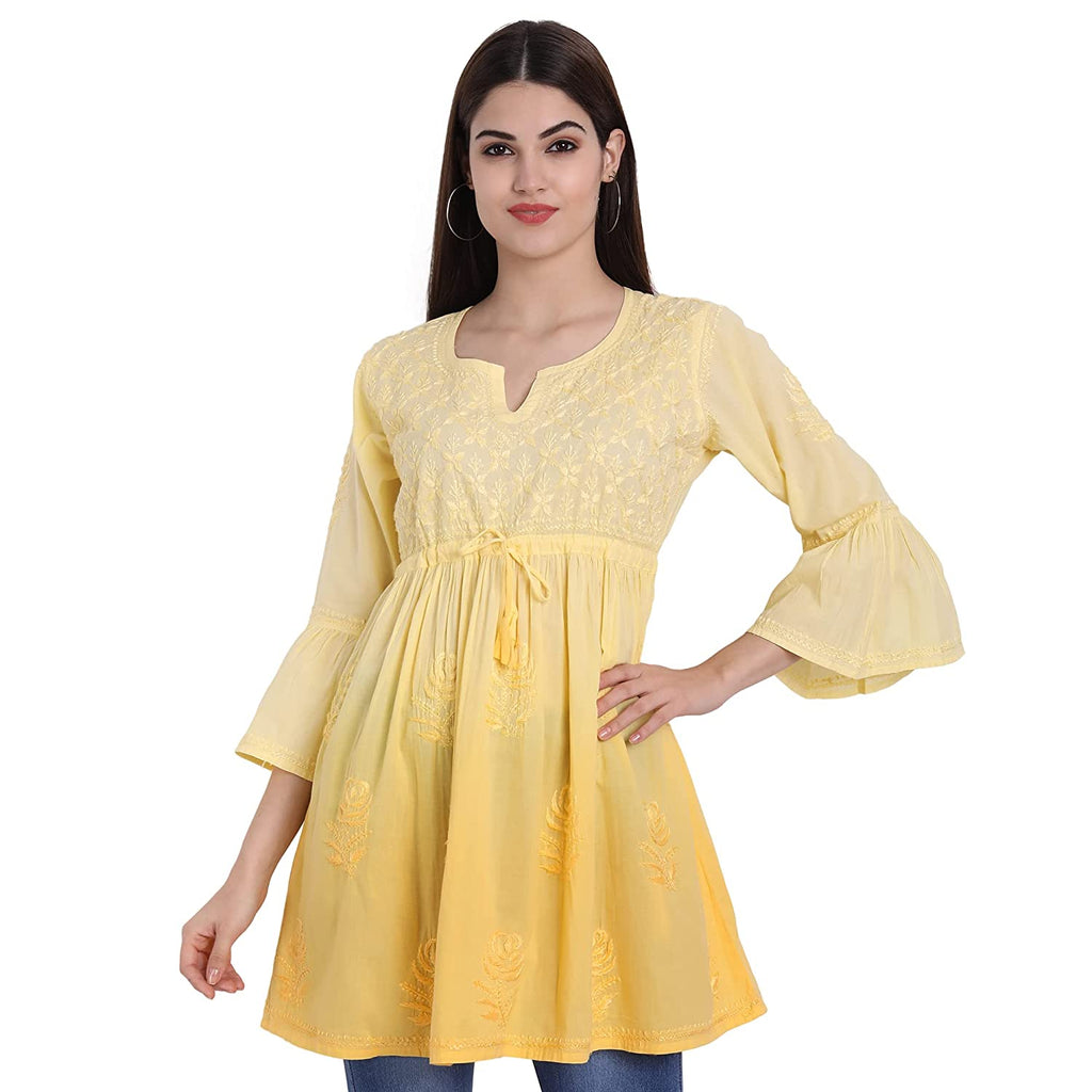 Lucknow Chikankari Hand Embroidered Peplum Fit and Flared Top Shaded Short Kurta Cotton - Indiankala4u