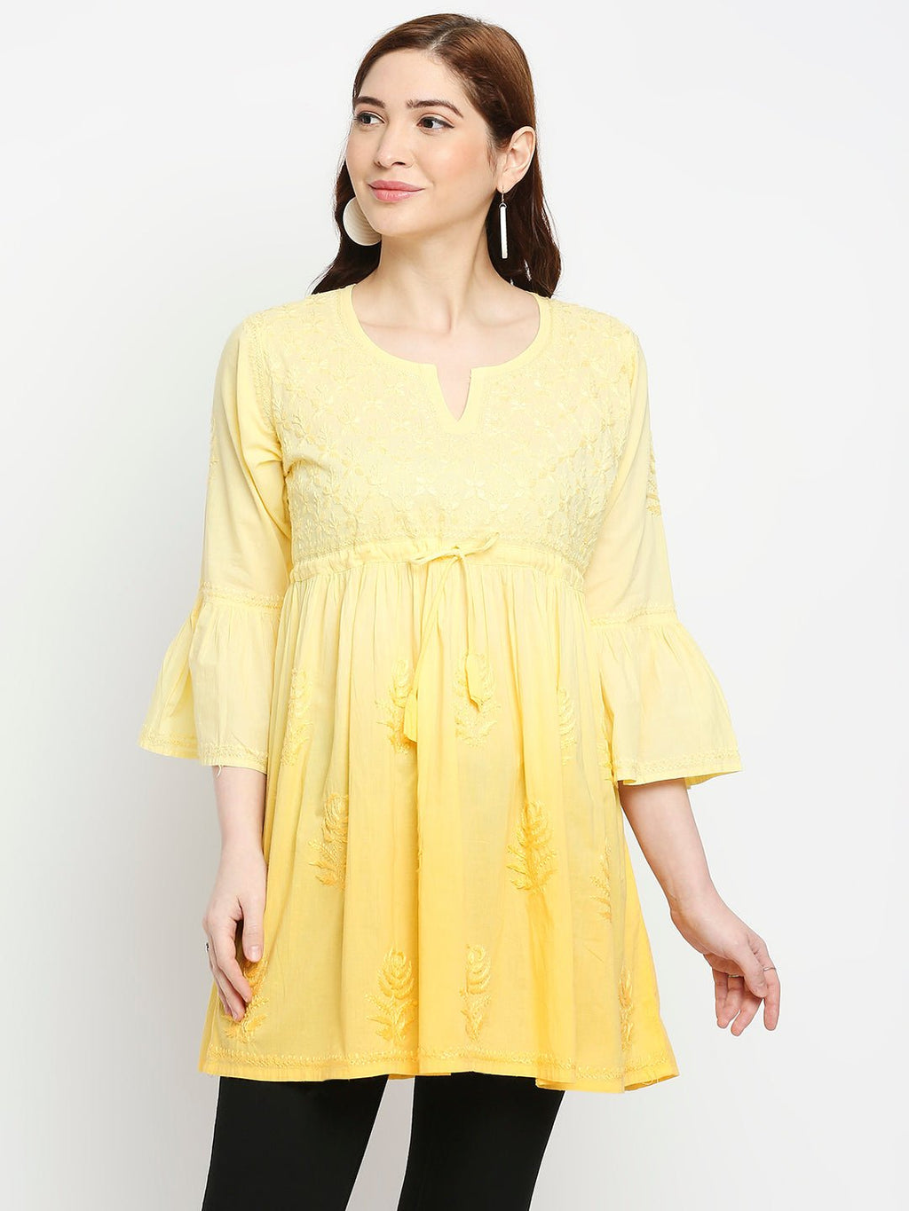 Lucknow Chikankari Hand Embroidered Peplum Fit and Flared Top Shaded Short Kurta Cotton - Indiankala4u