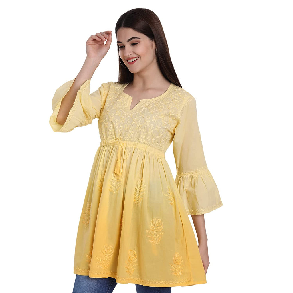 Lucknow Chikankari Hand Embroidered Peplum Fit and Flared Top Shaded Short Kurta Cotton - Indiankala4u