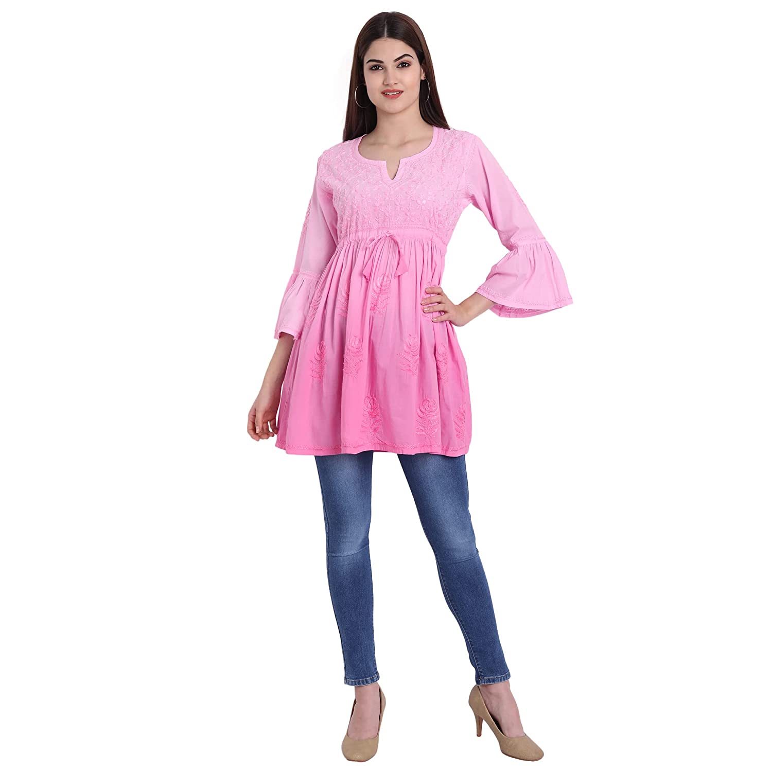 Lucknow Chikankari Hand Embroidered Peplum Fit and Flared Top Shaded Short Kurta Cotton - Indiankala4u