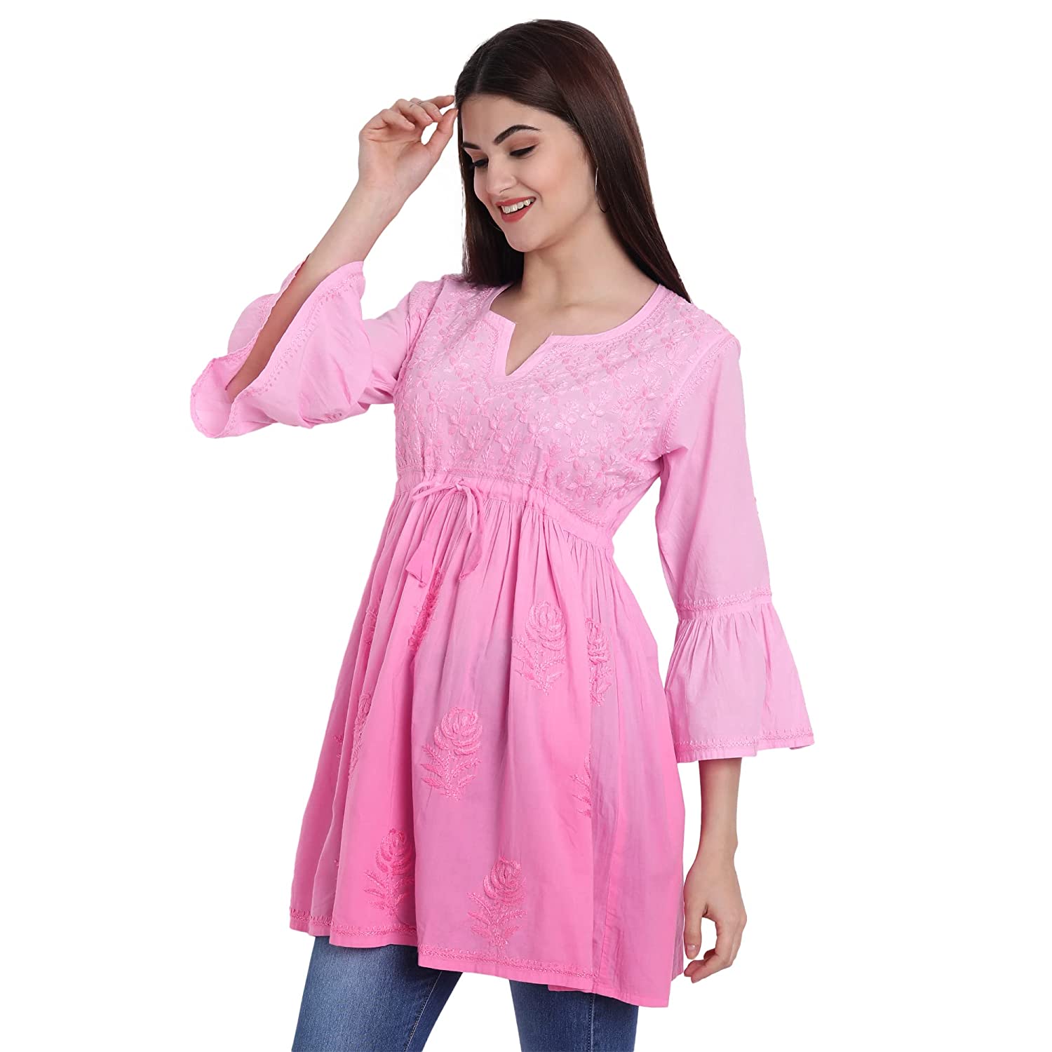 Lucknow Chikankari Hand Embroidered Peplum Fit and Flared Top Shaded Short Kurta Cotton - Indiankala4u