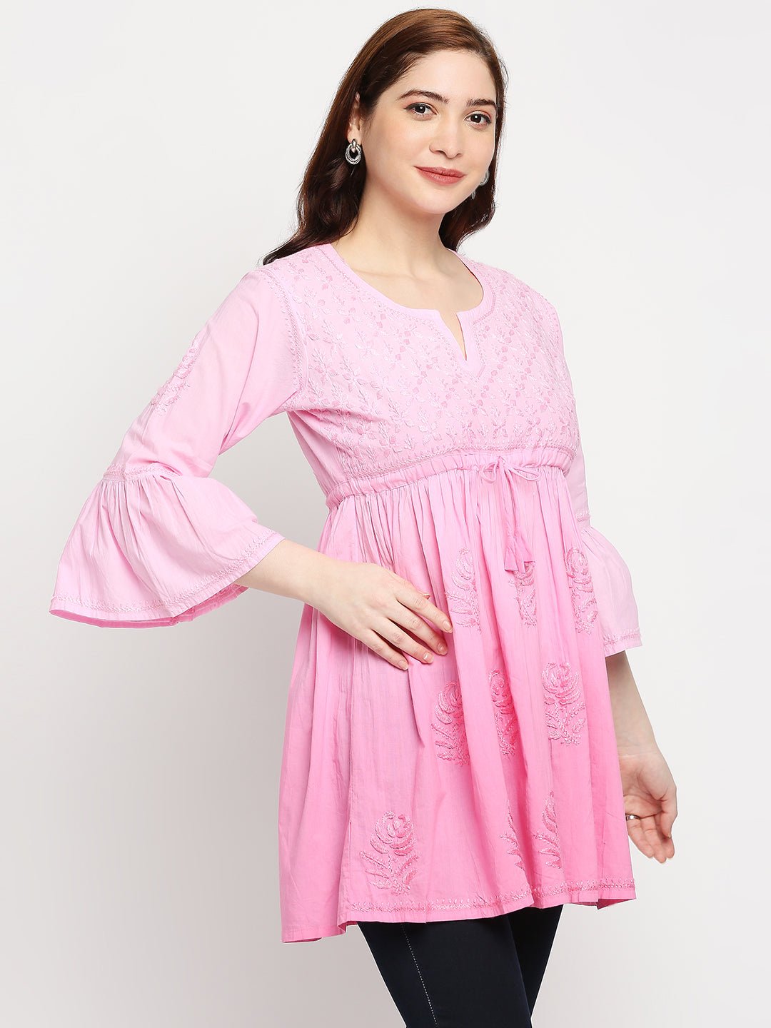 Lucknow Chikankari Hand Embroidered Peplum Fit and Flared Top Shaded Short Kurta Cotton - Indiankala4u