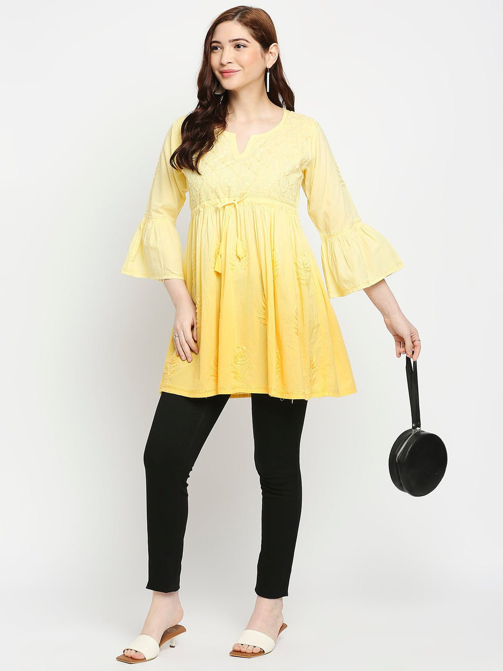 Lucknow Chikankari Hand Embroidered Peplum Fit and Flared Top Shaded Short Kurta Cotton - Indiankala4u