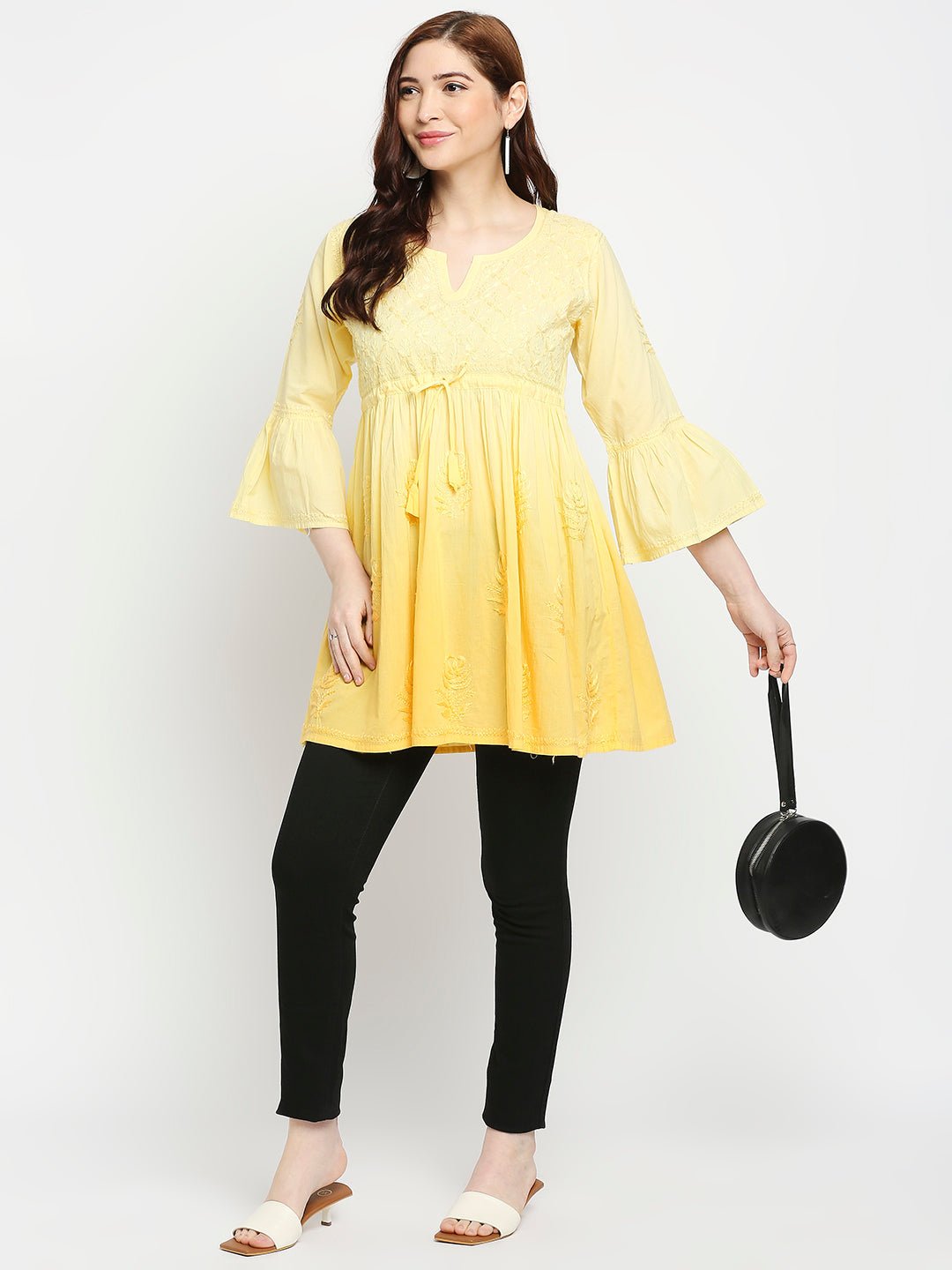 Lucknow Chikankari Hand Embroidered Peplum Fit and Flared Top Shaded Short Kurta Cotton - Indiankala4u