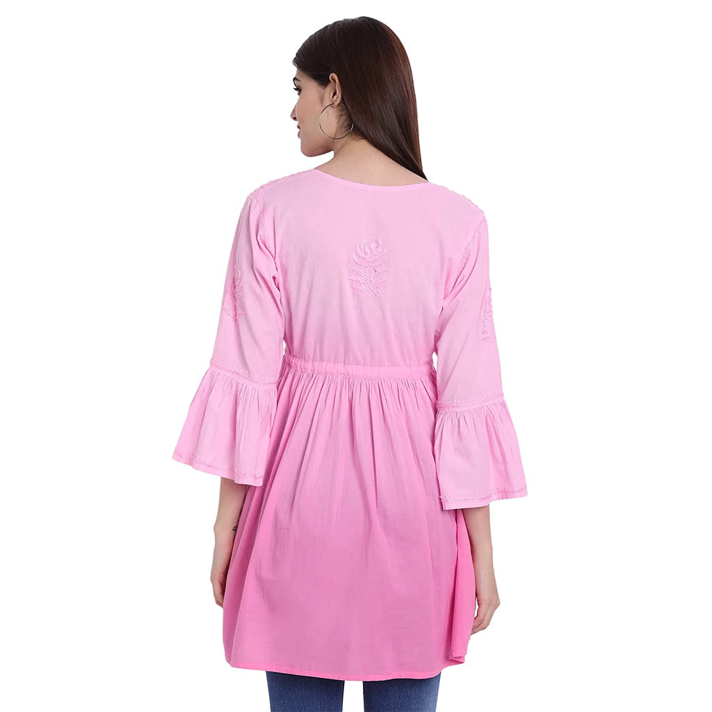 Lucknow Chikankari Hand Embroidered Peplum Fit and Flared Top Shaded Short Kurta Cotton - Indiankala4u