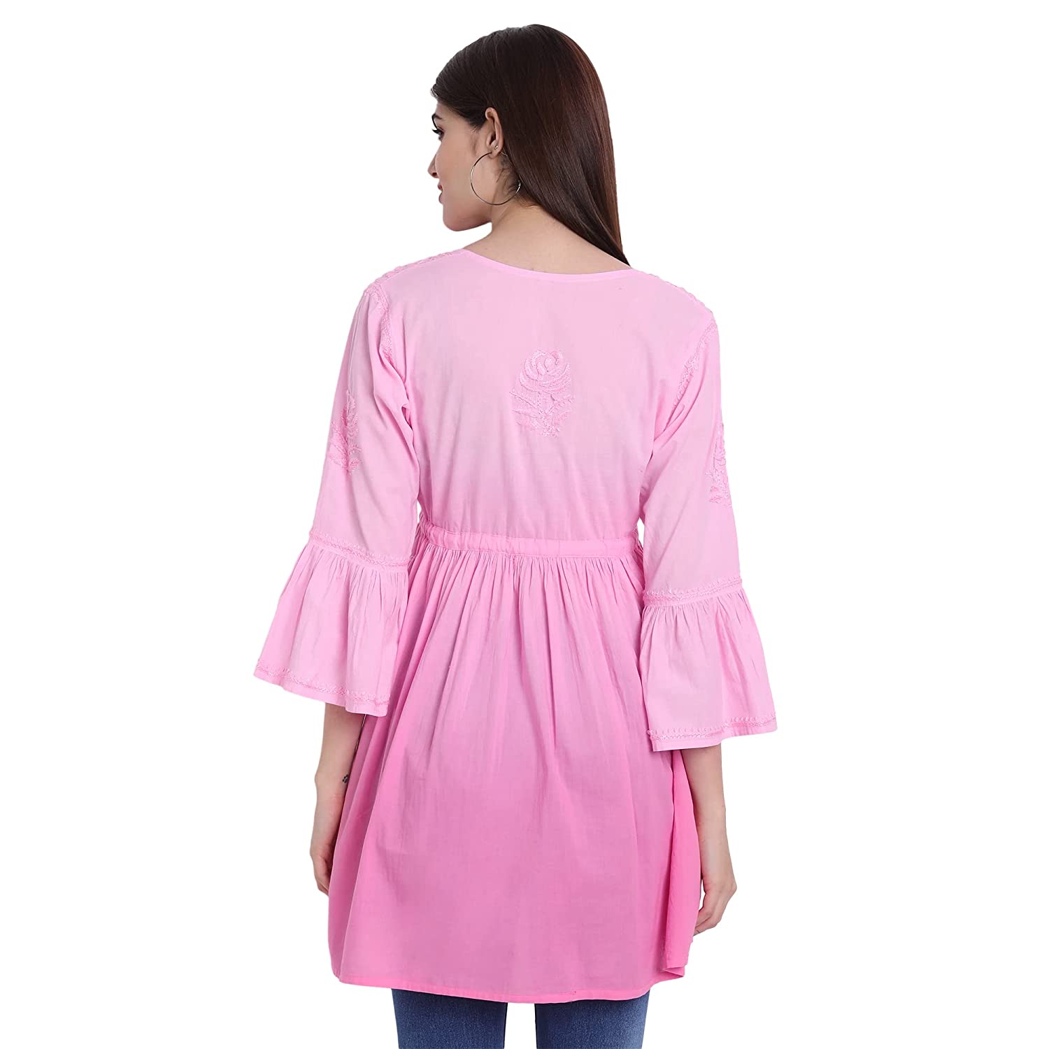 Lucknow Chikankari Hand Embroidered Peplum Fit and Flared Top Shaded Short Kurta Cotton - Indiankala4u