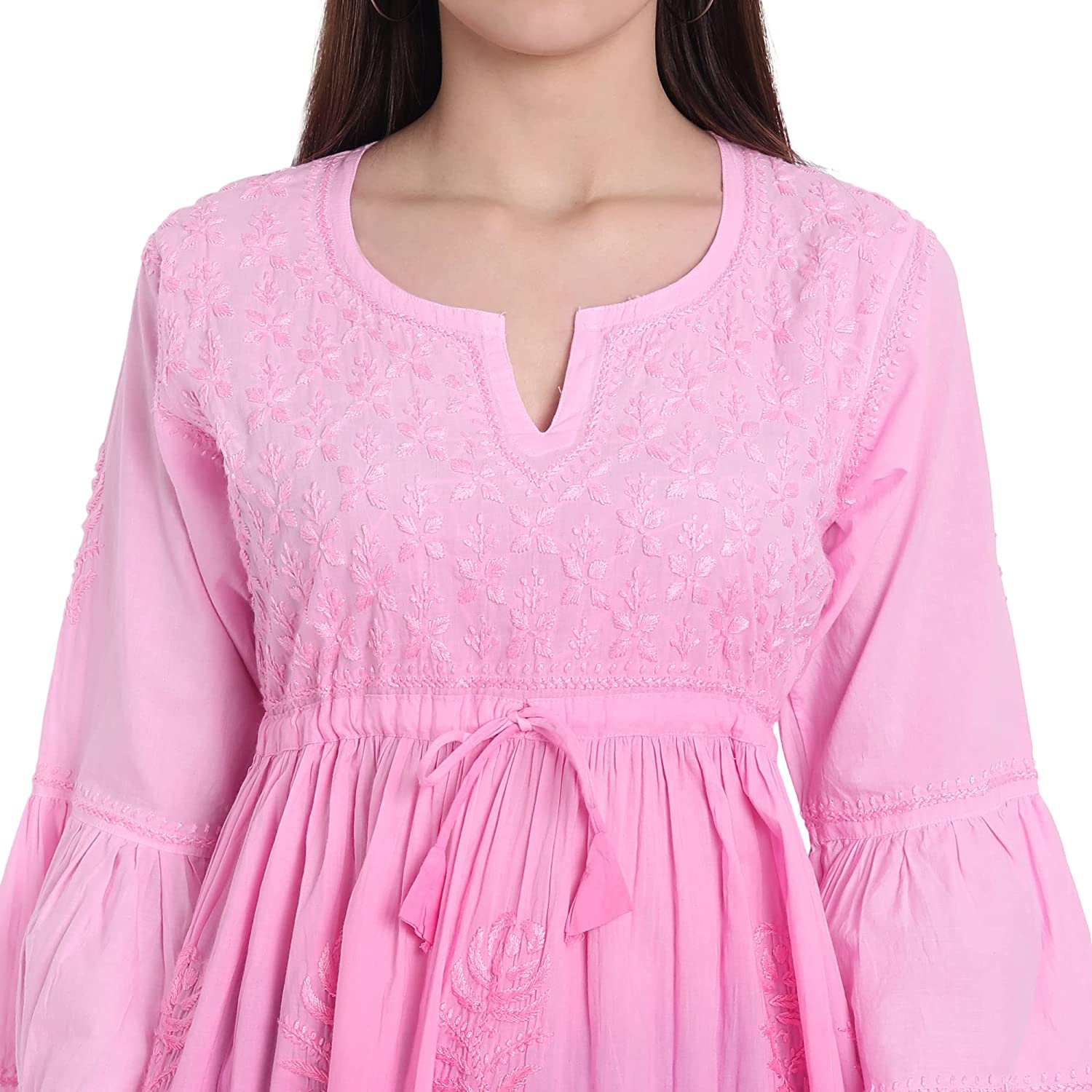 Lucknow Chikankari Hand Embroidered Peplum Fit and Flared Top Shaded Short Kurta Cotton - Indiankala4u