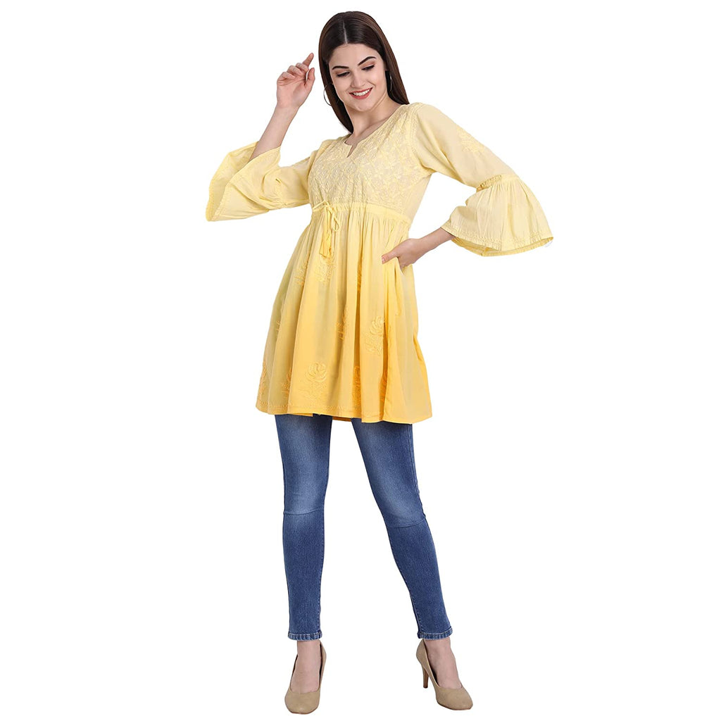 Lucknow Chikankari Hand Embroidered Peplum Fit and Flared Top Shaded Short Kurta Cotton - Indiankala4u