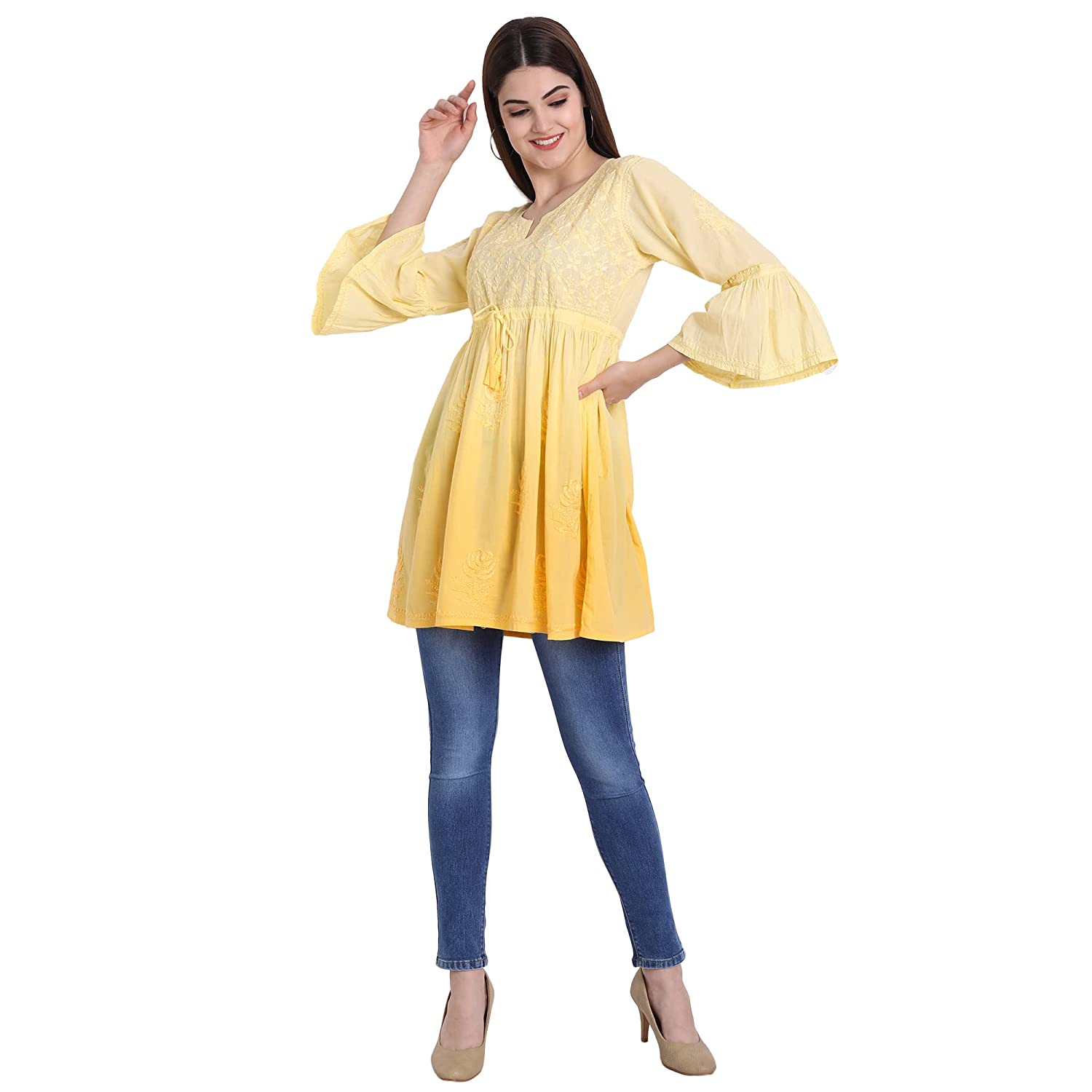 Lucknow Chikankari Hand Embroidered Peplum Fit and Flared Top Shaded Short Kurta Cotton - Indiankala4u