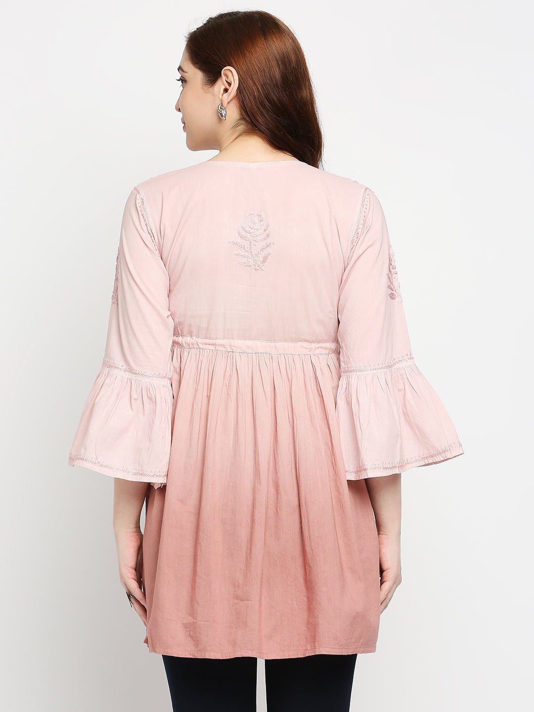 Lucknow Chikankari Hand Embroidered Peplum Fit and Flared Top Shaded Short Kurti Cotton - Indiankala4u