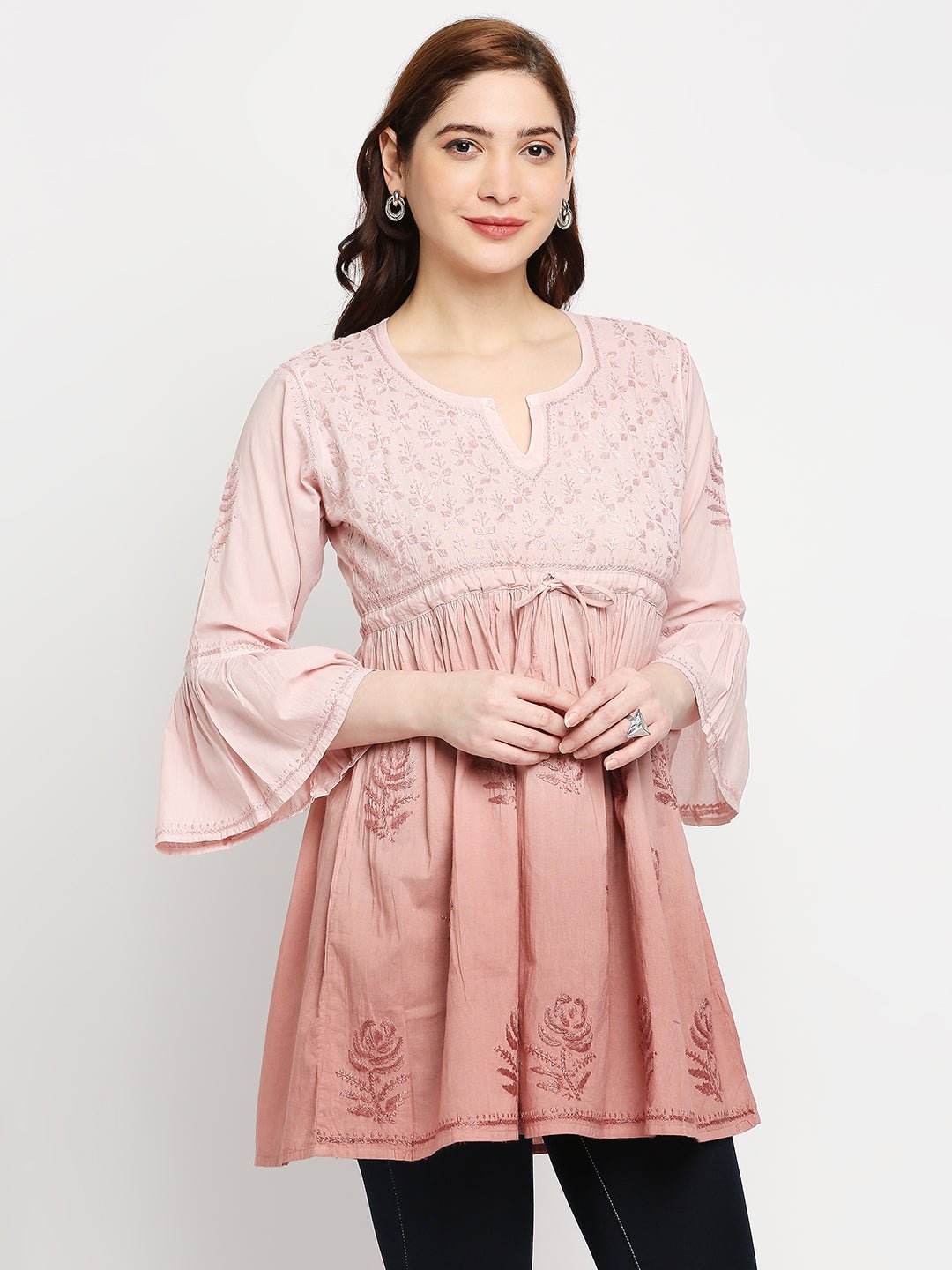 Lucknow Chikankari Hand Embroidered Peplum Fit and Flared Top Shaded Short Kurti Cotton - Indiankala4u