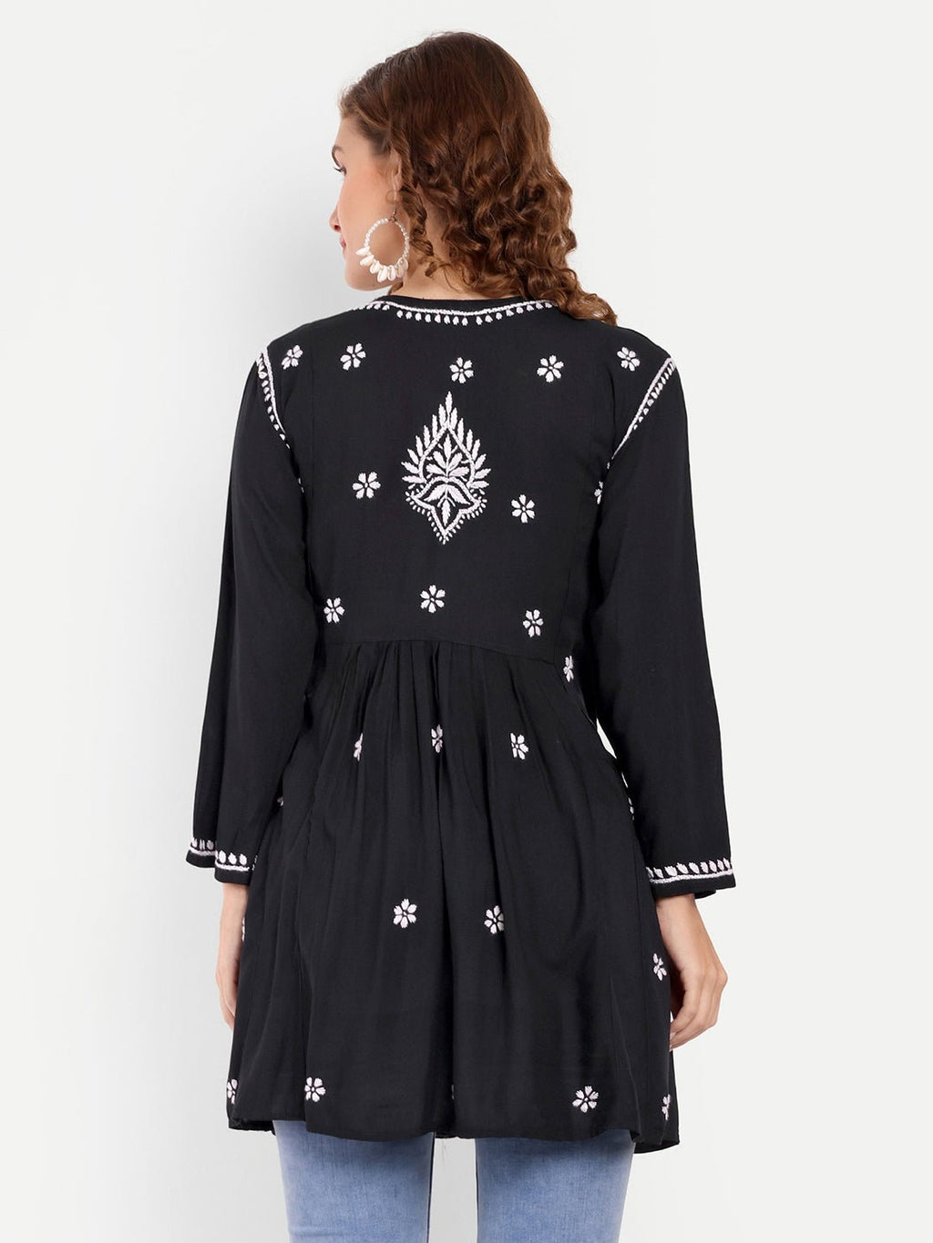 Lucknow Chikankari Hand Embroidered Peplum Fit and Flared Top Short Kurta - Indiankala4u