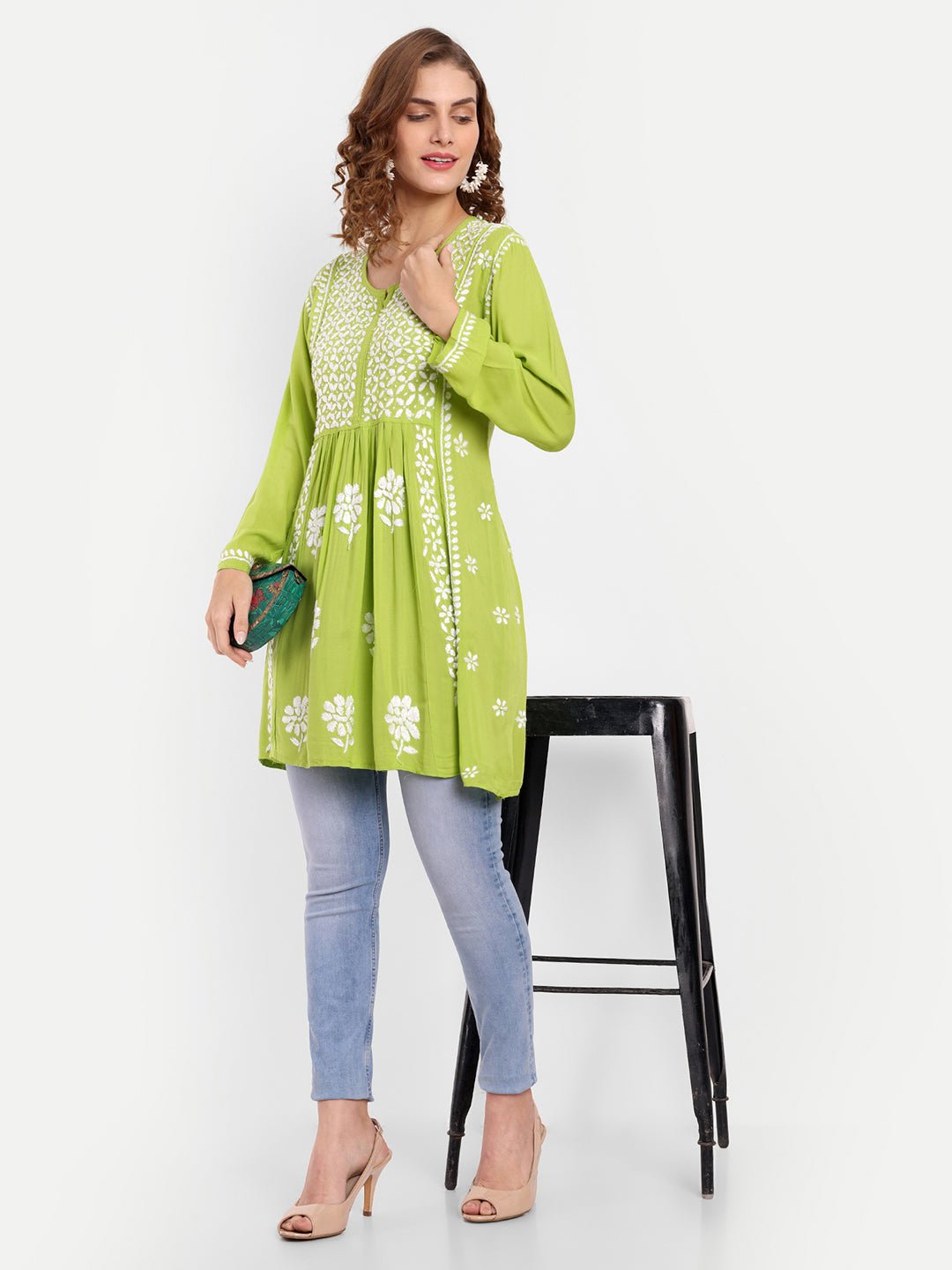 Lucknow Chikankari Hand Embroidered Peplum Fit and Flared Top Short Kurta - Indiankala4u