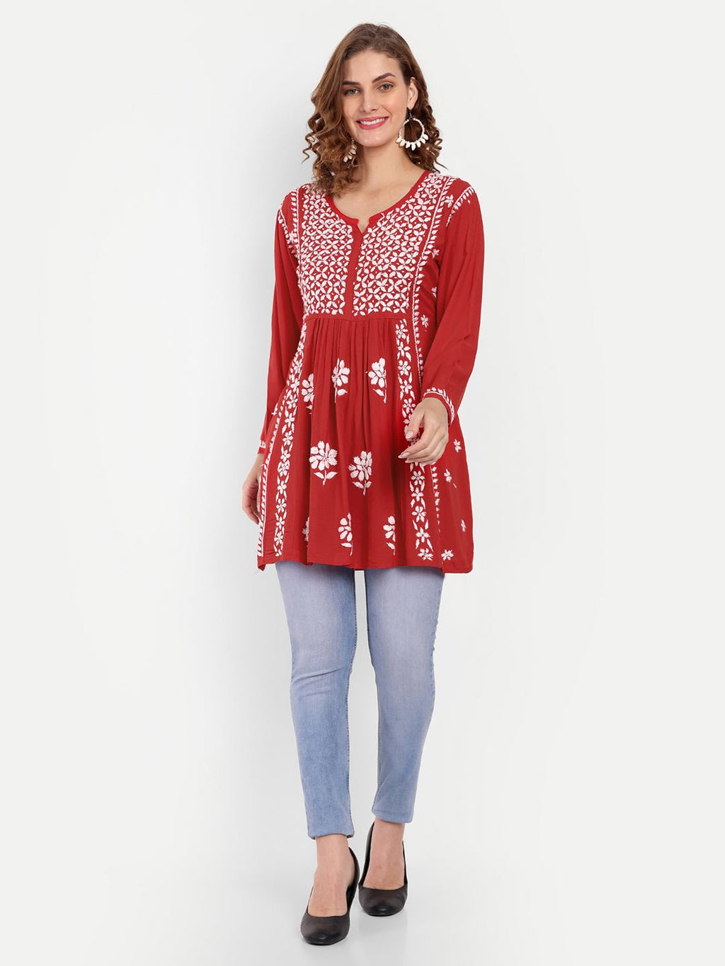 Lucknow Chikankari Hand Embroidered Peplum Fit and Flared Top Short Kurta - Indiankala4u