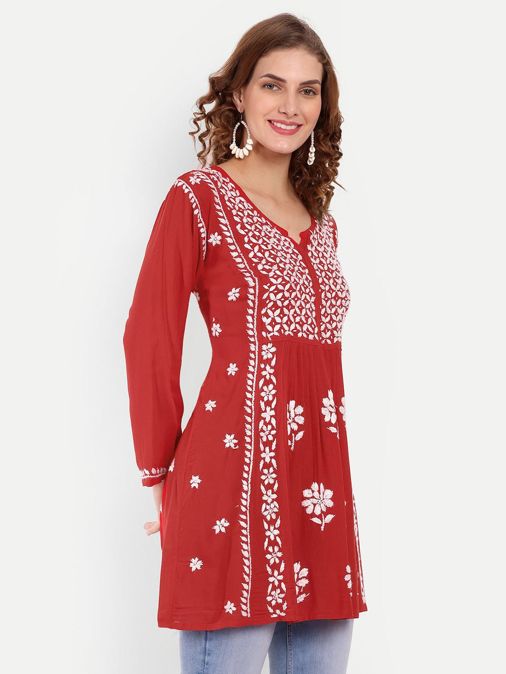 Lucknow Chikankari Hand Embroidered Peplum Fit and Flared Top Short Kurta - Indiankala4u