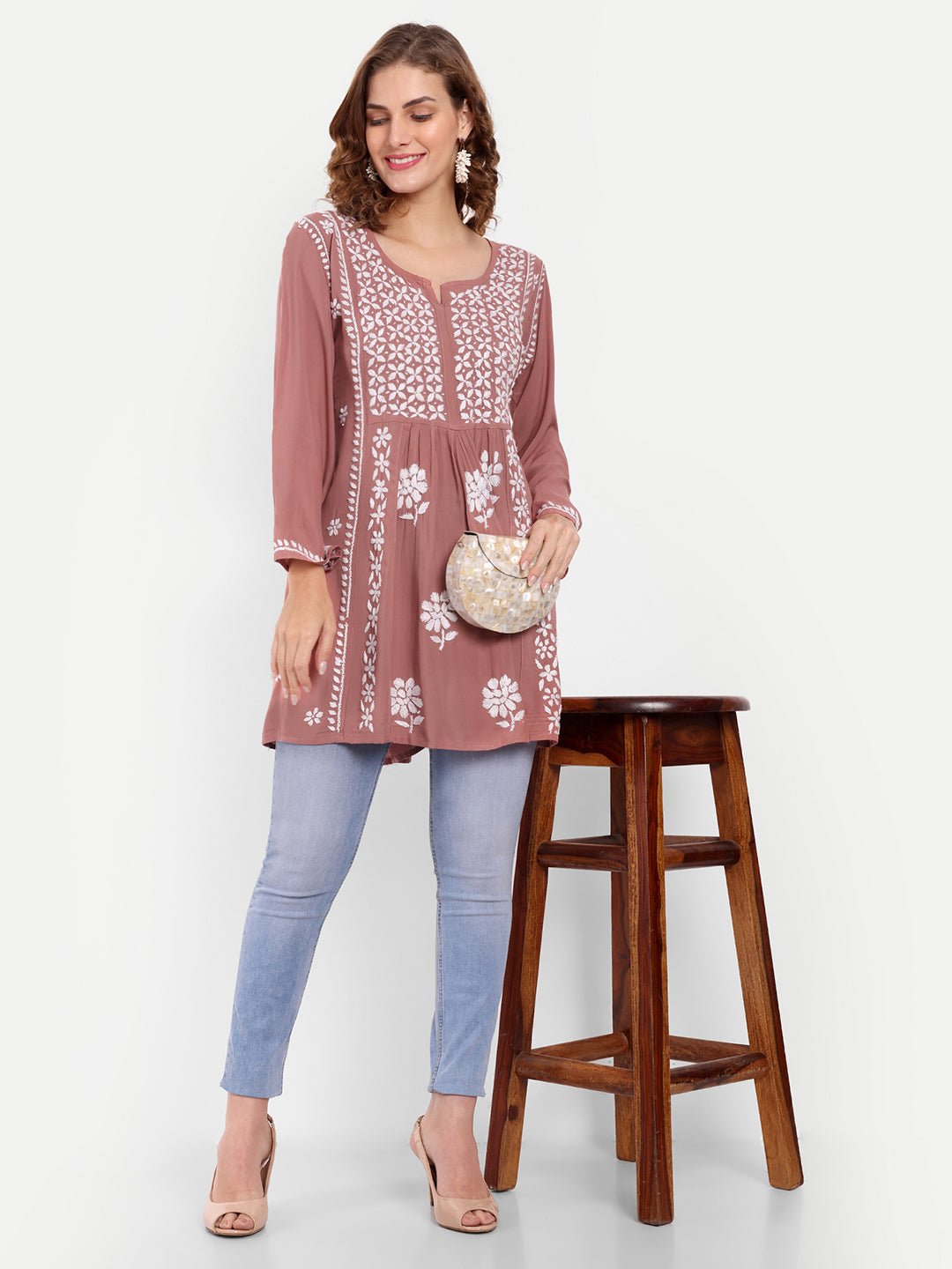 Lucknow Chikankari Hand Embroidered Peplum Fit and Flared Top Short Kurta - Indiankala4u
