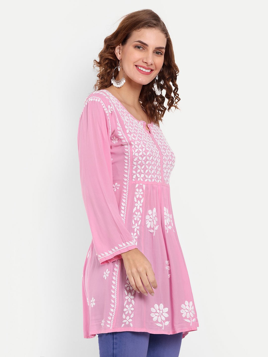Lucknow Chikankari Hand Embroidered Peplum Fit and Flared Top Short Kurta - Indiankala4u