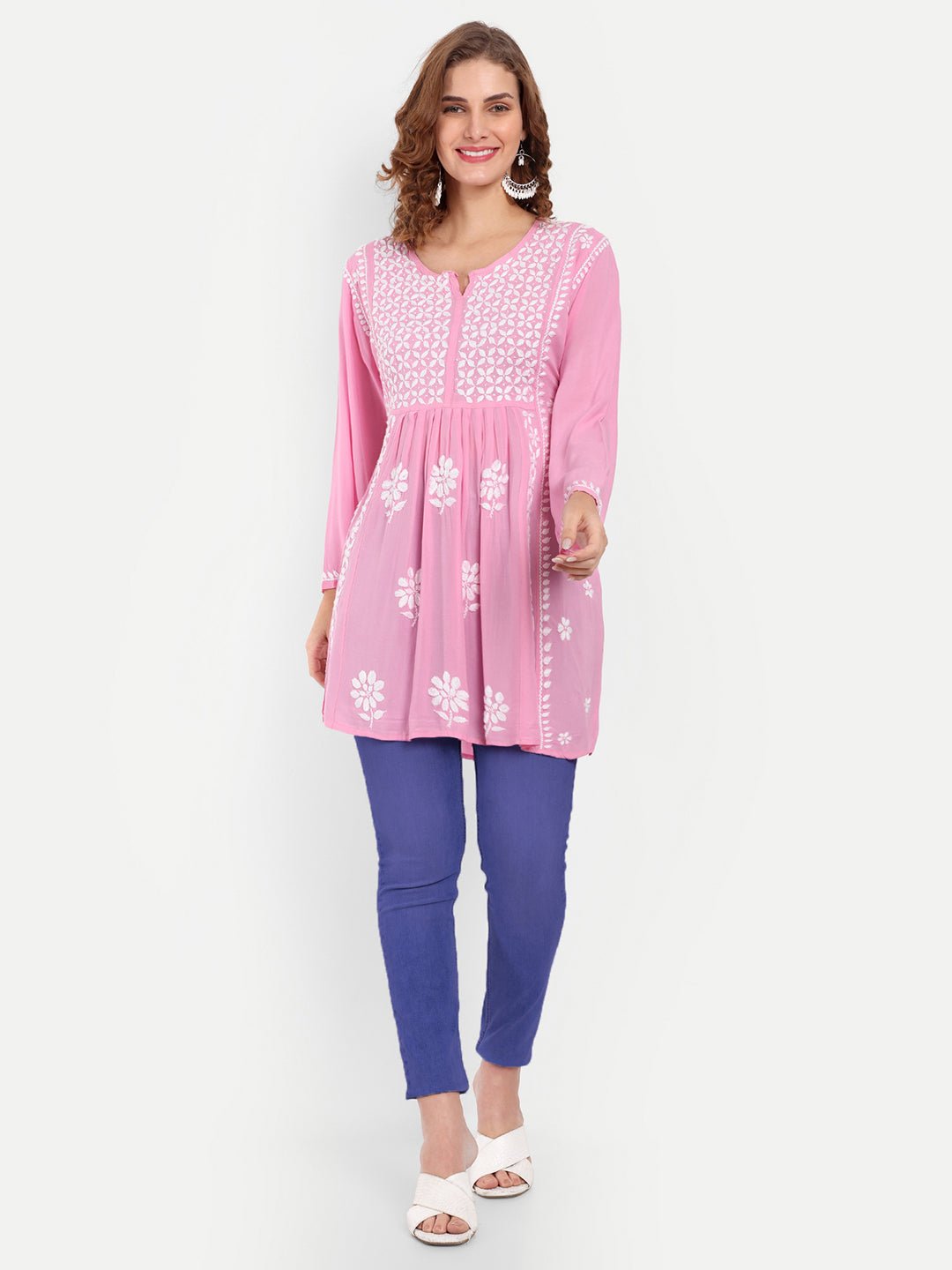 Lucknow Chikankari Hand Embroidered Peplum Fit and Flared Top Short Kurta - Indiankala4u