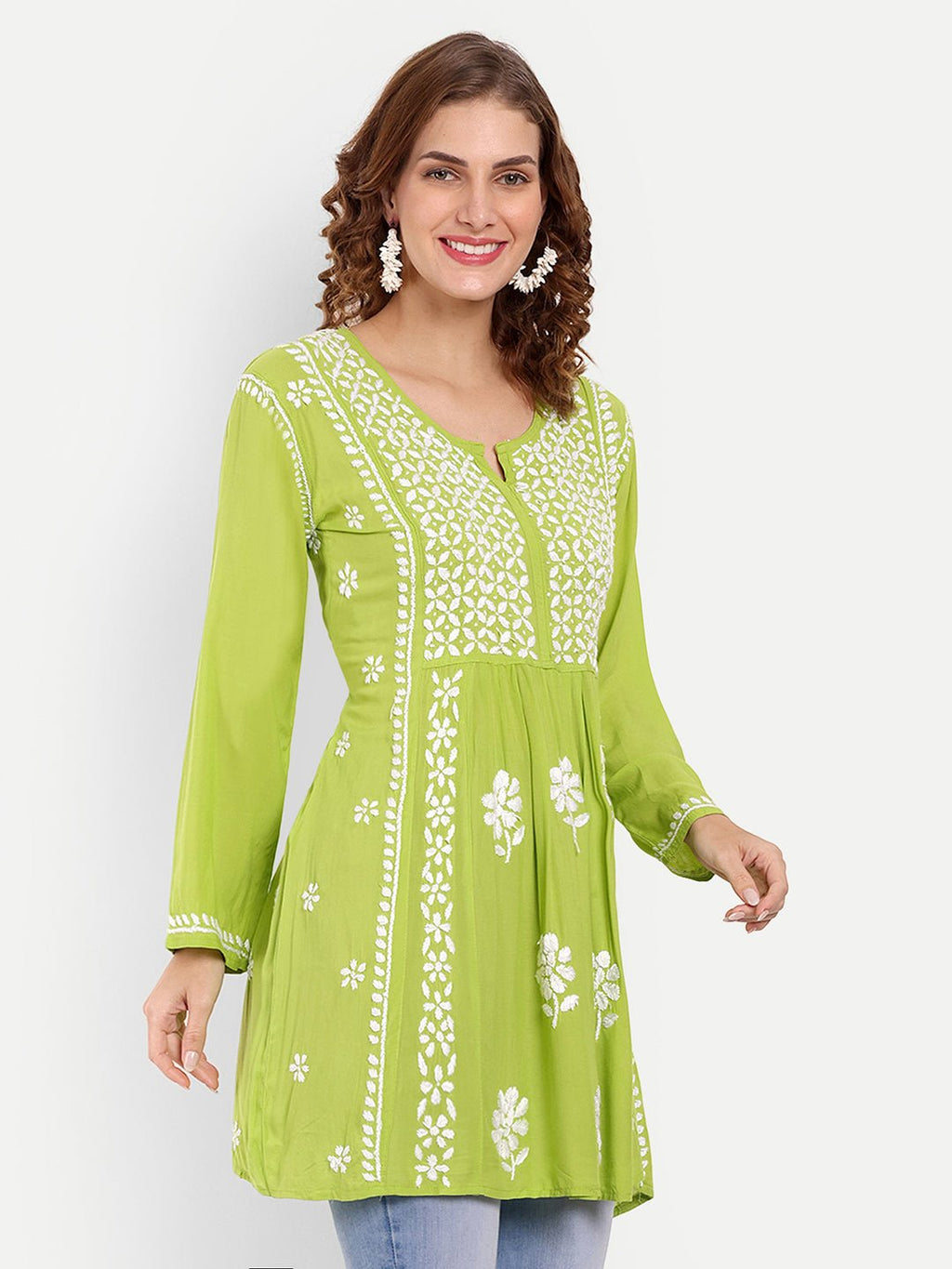 Lucknow Chikankari Hand Embroidered Peplum Fit and Flared Top Short Kurta - Indiankala4u