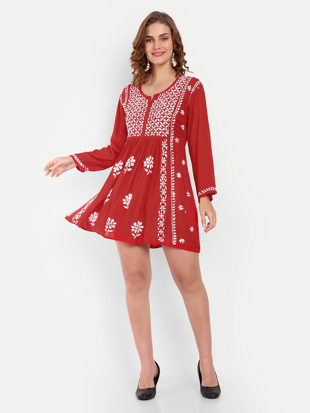 Lucknow Chikankari Hand Embroidered Peplum Fit and Flared Top Short Kurta - Indiankala4u