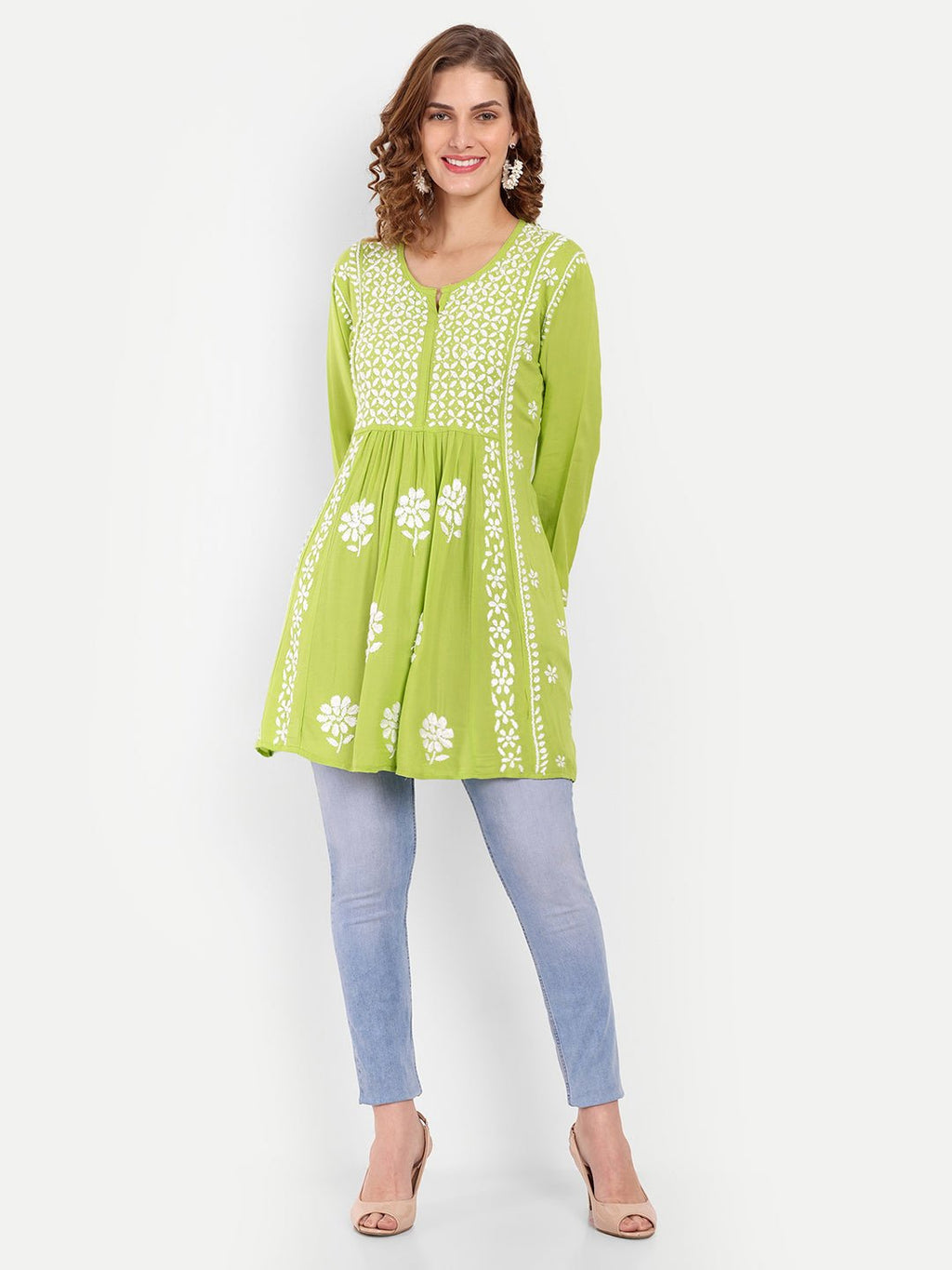 Lucknow Chikankari Hand Embroidered Peplum Fit and Flared Top Short Kurta - Indiankala4u
