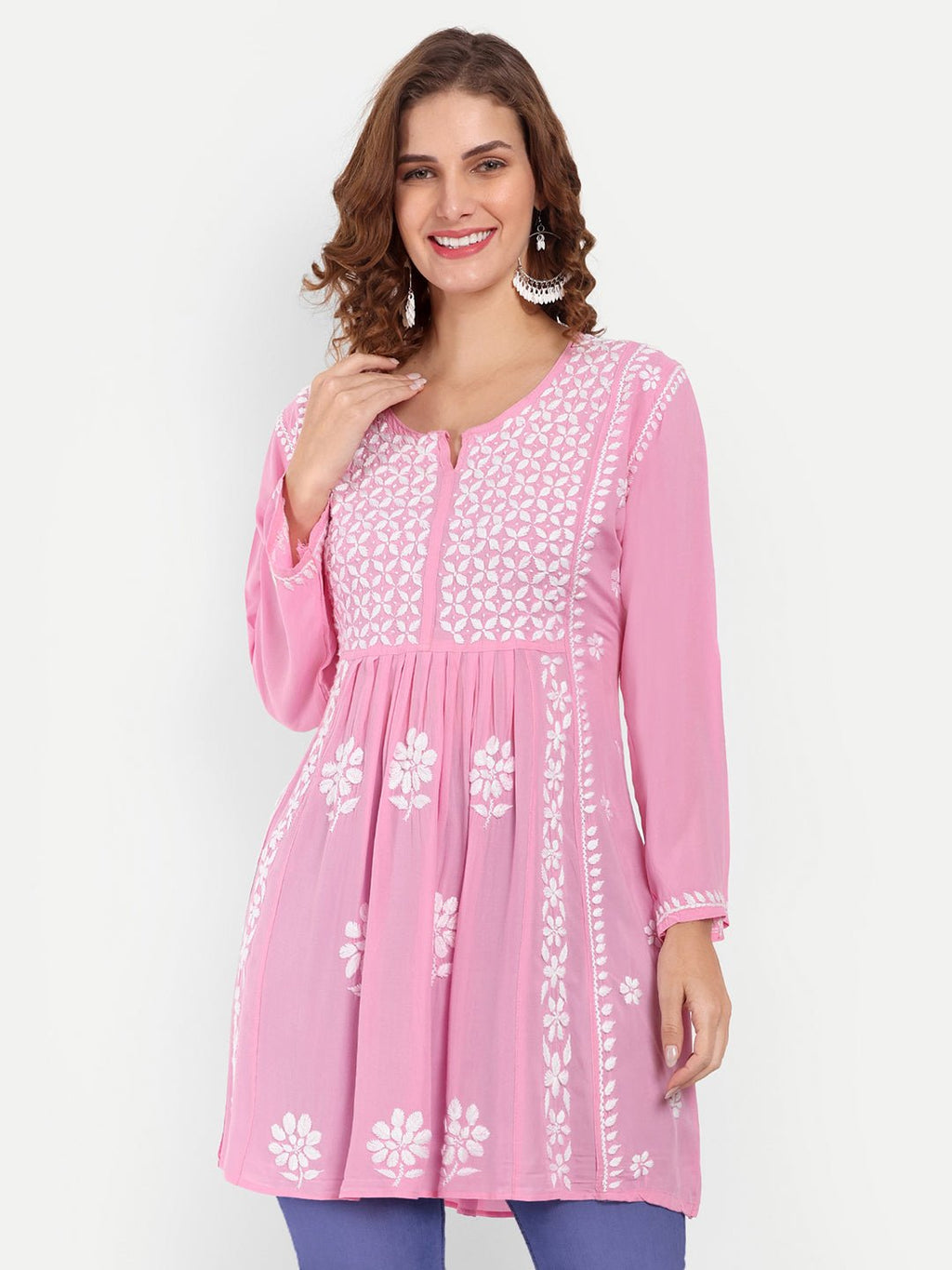 Lucknow Chikankari Hand Embroidered Peplum Fit and Flared Top Short Kurta - Indiankala4u