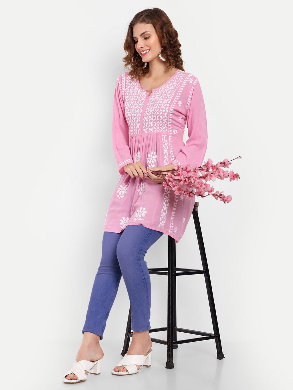 Lucknow Chikankari Hand Embroidered Peplum Fit and Flared Top Short Kurta - Indiankala4u