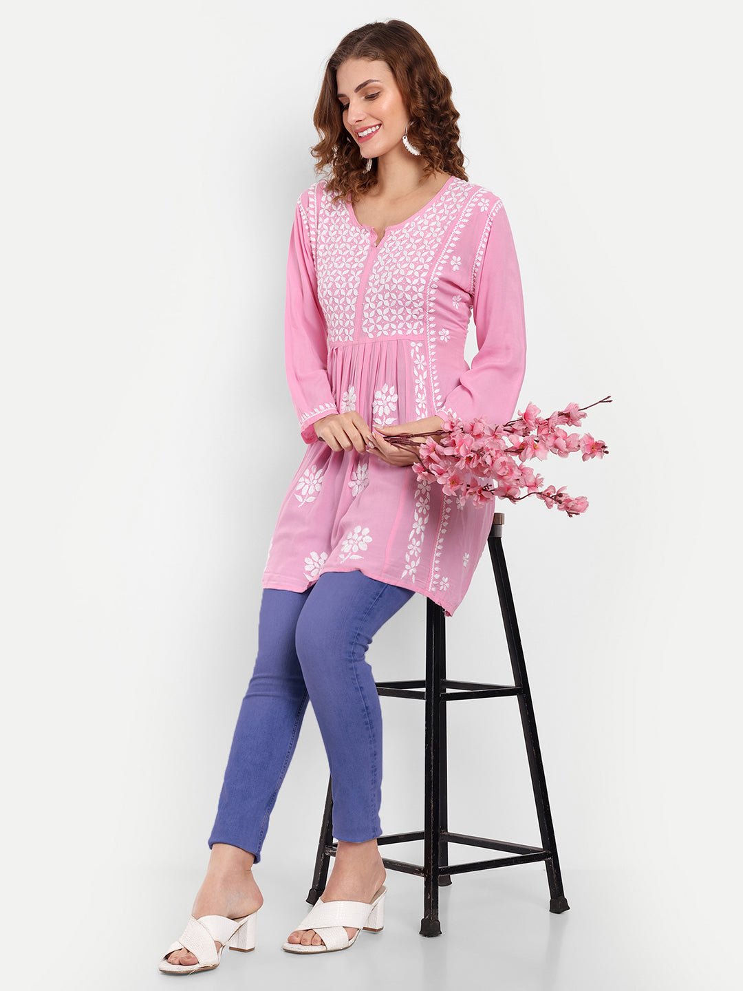 Lucknow Chikankari Hand Embroidered Peplum Fit and Flared Top Short Kurta - Indiankala4u