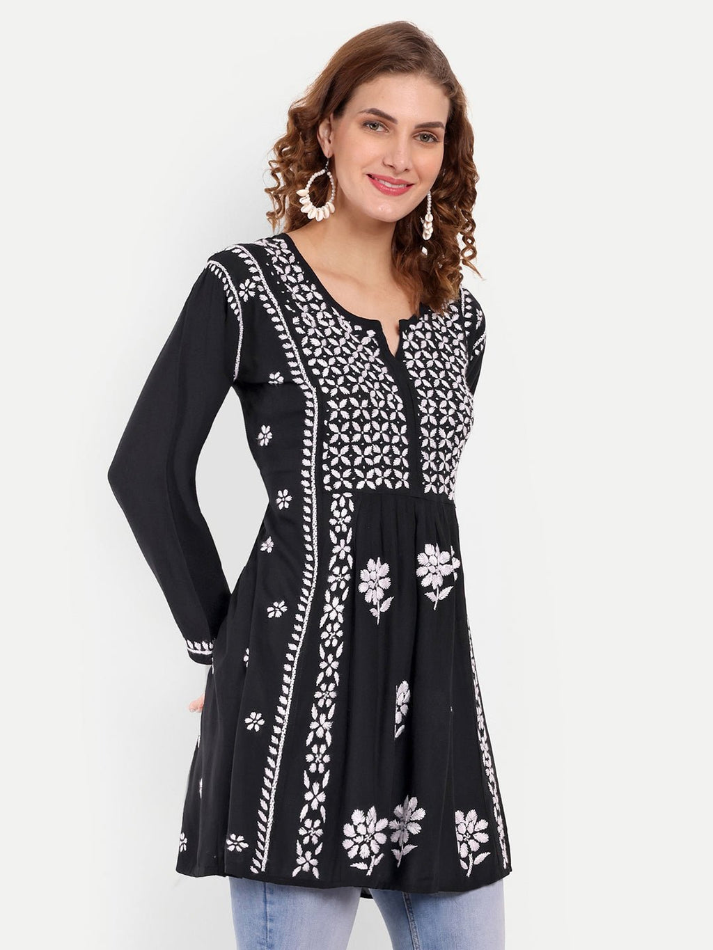 Lucknow Chikankari Hand Embroidered Peplum Fit and Flared Top Short Kurta - Indiankala4u
